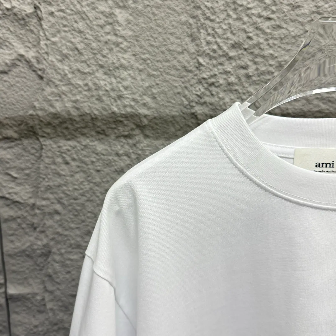 🅿️180 Ami* Love Embroidery 2025 Spring and Summer New Love Tower A embroidered letter pattern Customized double yarn plain cotton fabric Short-sleeved T-shirt Uniform for men and women Color: White Angora Red Black Size: S (90-130 catties) M (120-150 catties) L (140-165 catties) XL (160-180 catties) XXL (180-210 pounds)