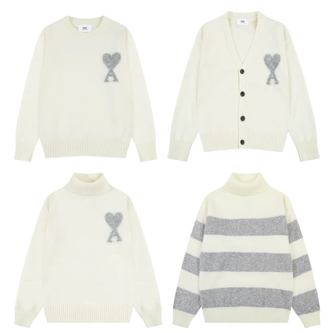 A8150# [Christmas Capsule Series] AMI Paris 2023 new autumn and winter high-neck striped alpaca blended soft and waxy knitted crew neck sweater Oversize version for men and women Color: off-white Size: S-XL
