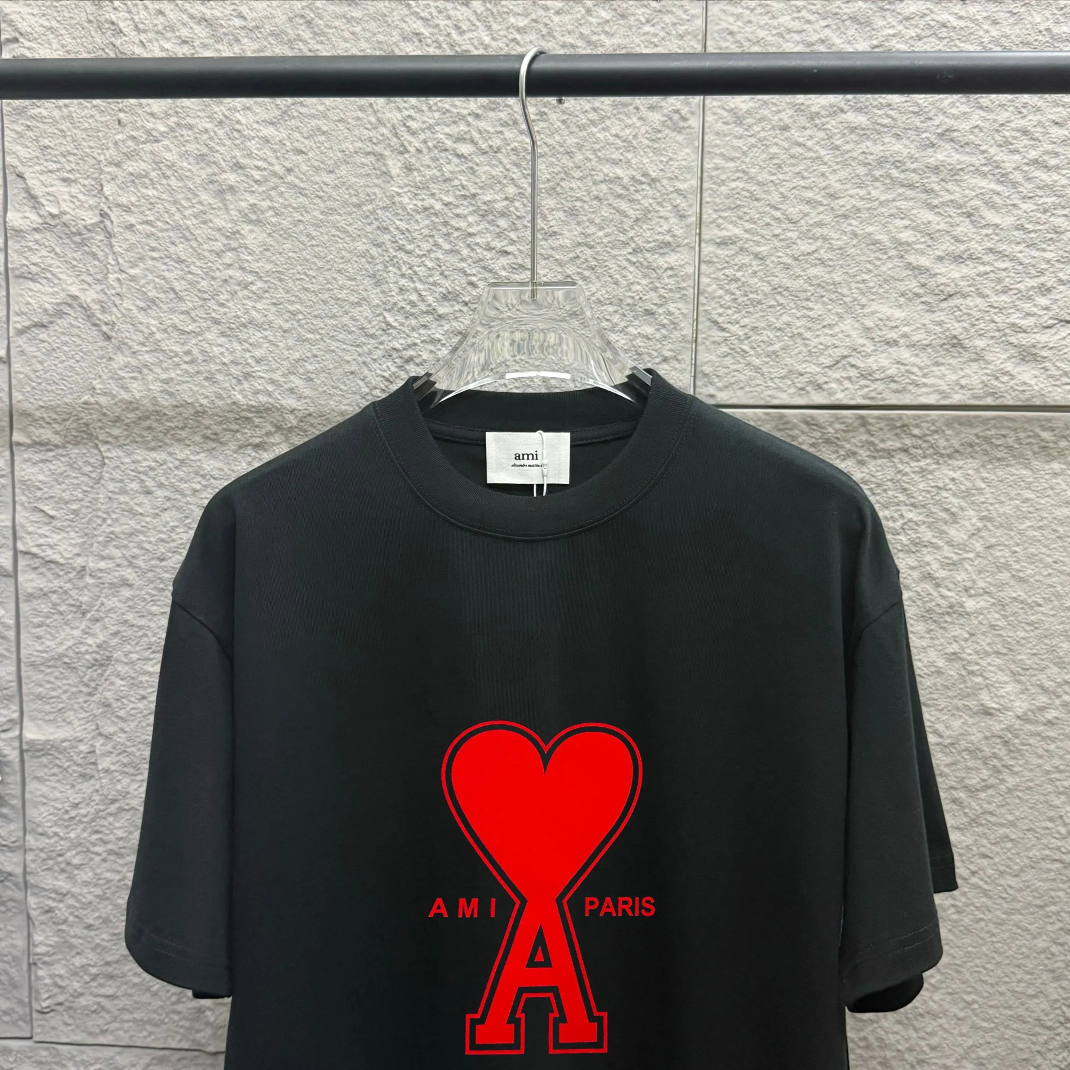 🅿️180 Ami* 2025 spring and summer new style Ami love letter red flocking Customized double yarn plain cotton fabric Short-sleeved T-shirt Uniform for men and women Color: black white floral gray Size: S (90-130 pounds) M (120-150 pounds) L (140-165 pounds) XL (160-180 pounds) XXL (180-210 pounds)