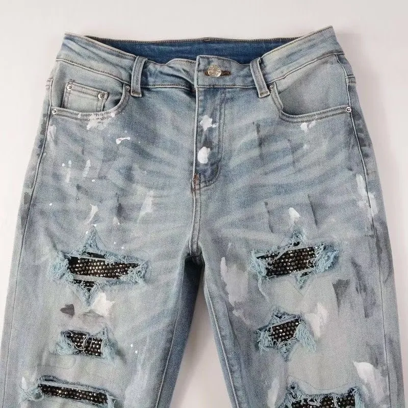 #M63 P168💰 AMIRI splashed ink jeans trousers AMIRI high street basic ripped tight elastic jeans trousers amiri brand jeans break the production process and cutting of the original jeans, the fabrics are softer and more comfortable Hand-sewn collar label Customized logo buttons Genuine leather tag Color: Picture color Size: 30-32-34-36