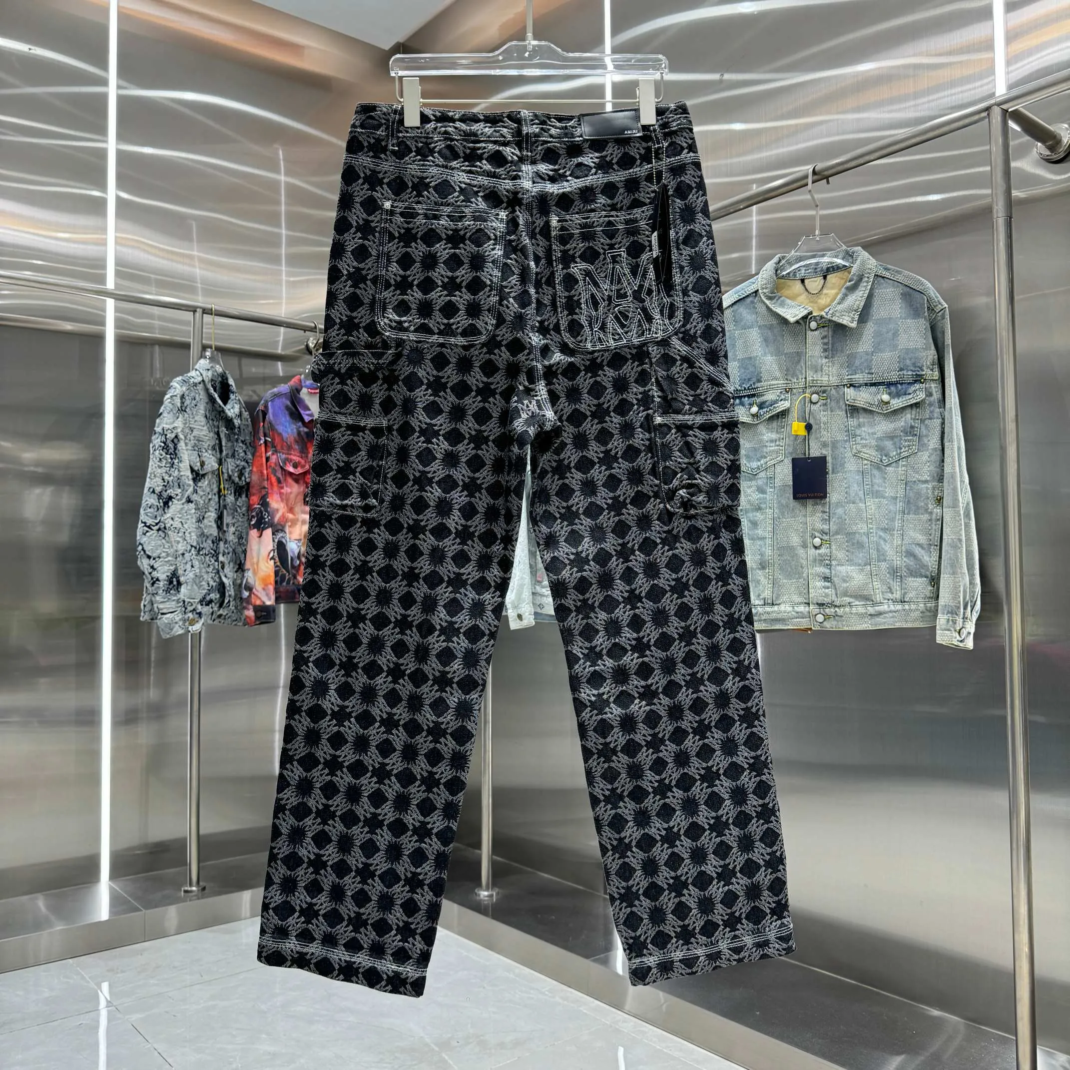 P290 Amiri full-print pattern LOGO jacquard workwear street fashion loose straight jeans Color Black Size 30 32 34 36 38