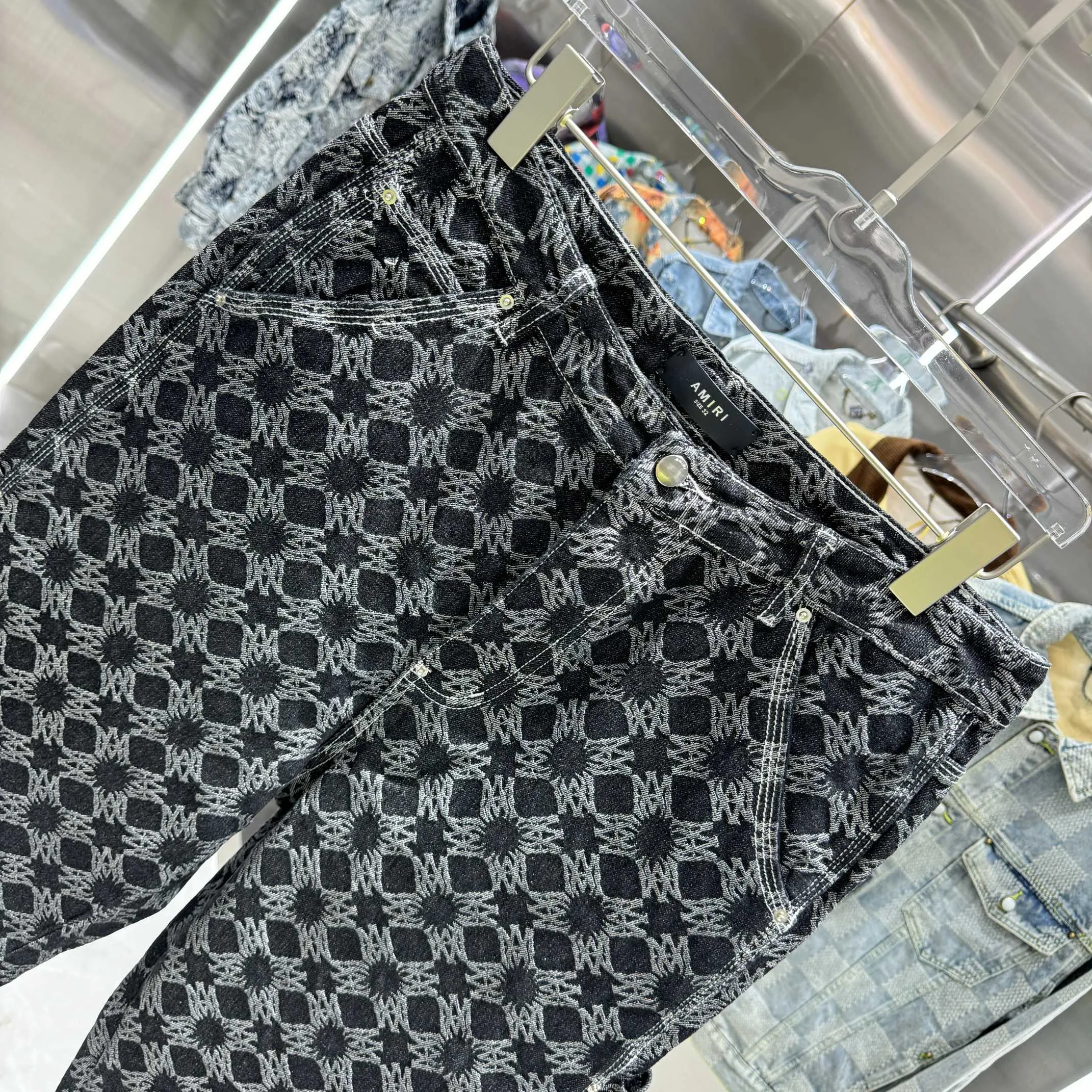 P290 Amiri full-print pattern LOGO jacquard workwear street fashion loose straight jeans Color Black Size 30 32 34 36 38