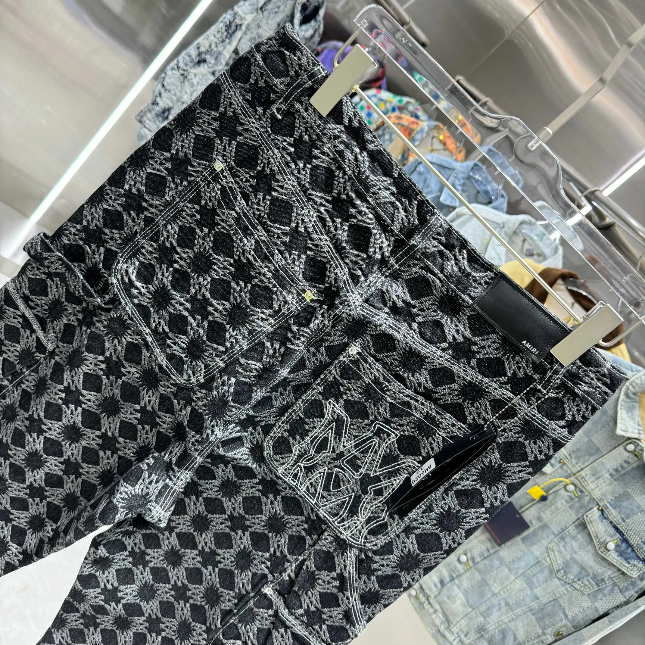 P290 Amiri full-print pattern LOGO jacquard workwear street fashion loose straight jeans Color Black Size 30 32 34 36 38