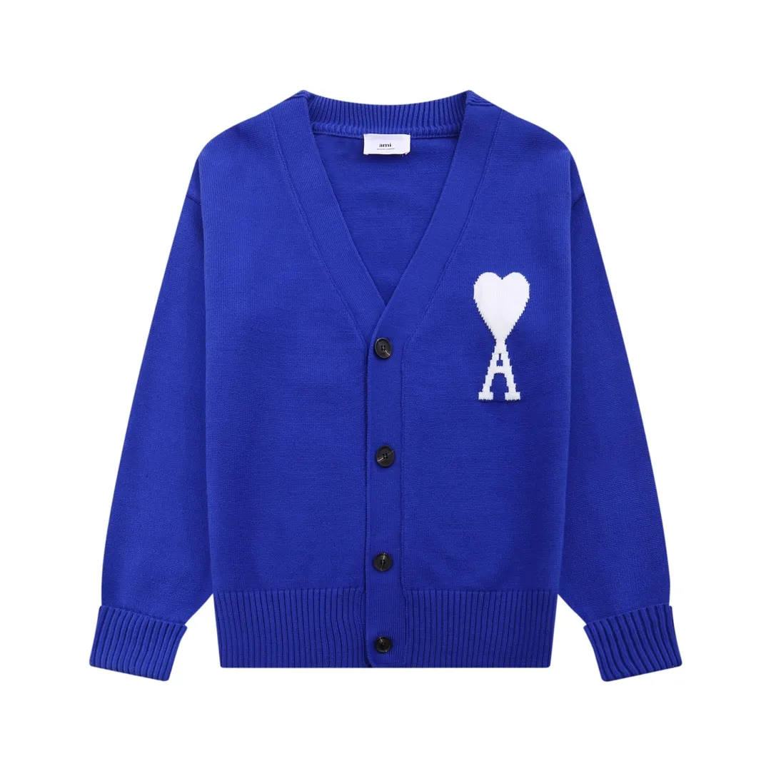A05B# Ami Paris 21 Love Series Big Love Sweater Love A Letter Jacquard Cardigan V-neck Wool Sweater Loose Jacket for Men and Women Color: Blue Red Dark Green Light Green Yellow Purple Fluorescent Green Royal Blue Gray Black Heart Red Black Heart Black White Gray Rose Red Orange 15 Colors Size: S-XL