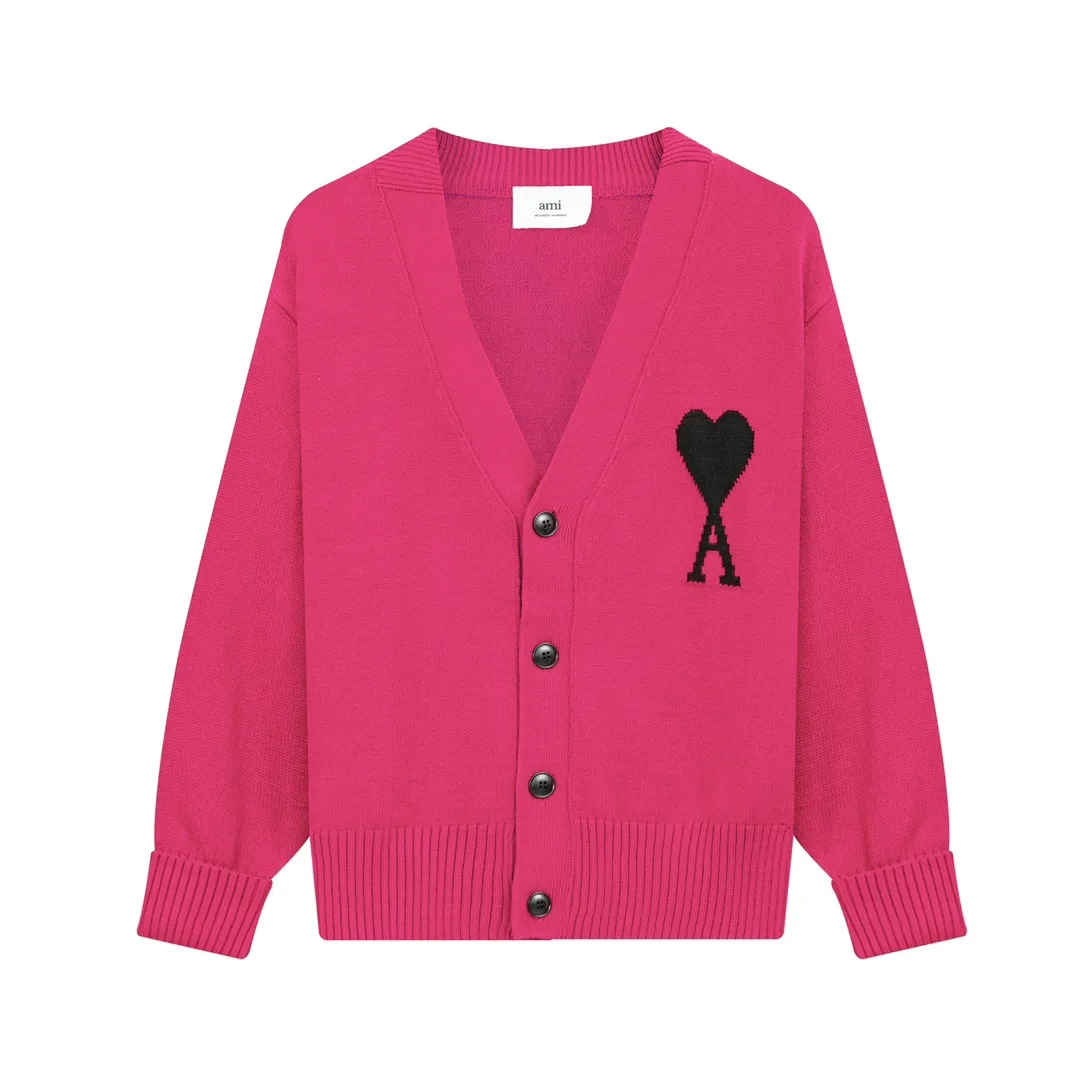 A05B# Ami Paris 21 Love Series Big Love Sweater Love A Letter Jacquard Cardigan V-neck Wool Sweater Loose Jacket for Men and Women Color: Blue Red Dark Green Light Green Yellow Purple Fluorescent Green Royal Blue Gray Black Heart Red Black Heart Black White Gray Rose Red Orange 15 Colors Size: S-XL