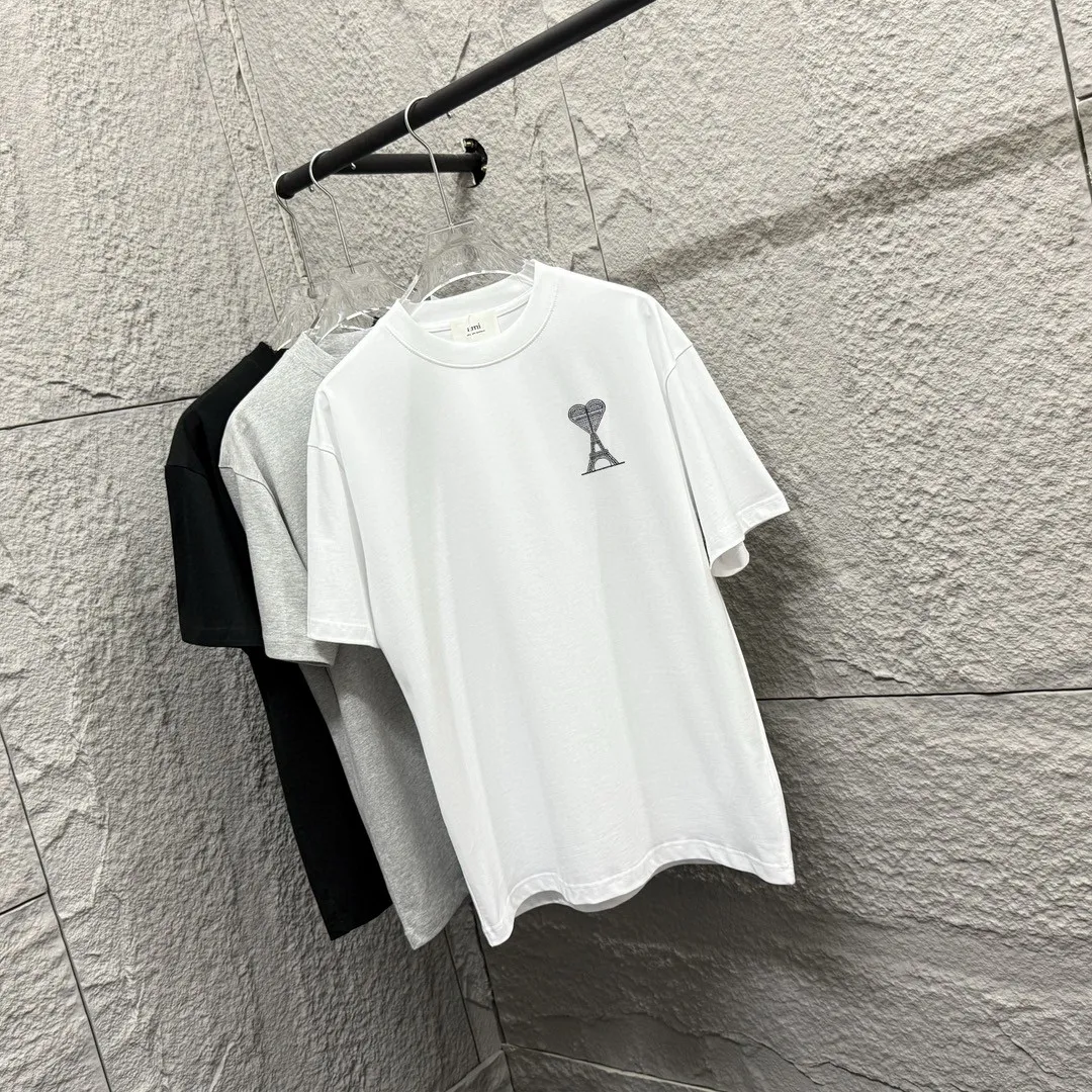 🅿️180 Ami* Love Embroidery 2025 Spring and Summer New Love Tower A embroidered letter pattern Customized double yarn plain cotton fabric Short-sleeved T-shirt Uniform for men and women Color: White Angora Red Black Size: S (90-130 catties) M (120-150 catties) L (140-165 catties) XL (160-180 catties) XXL (180-210 pounds)
