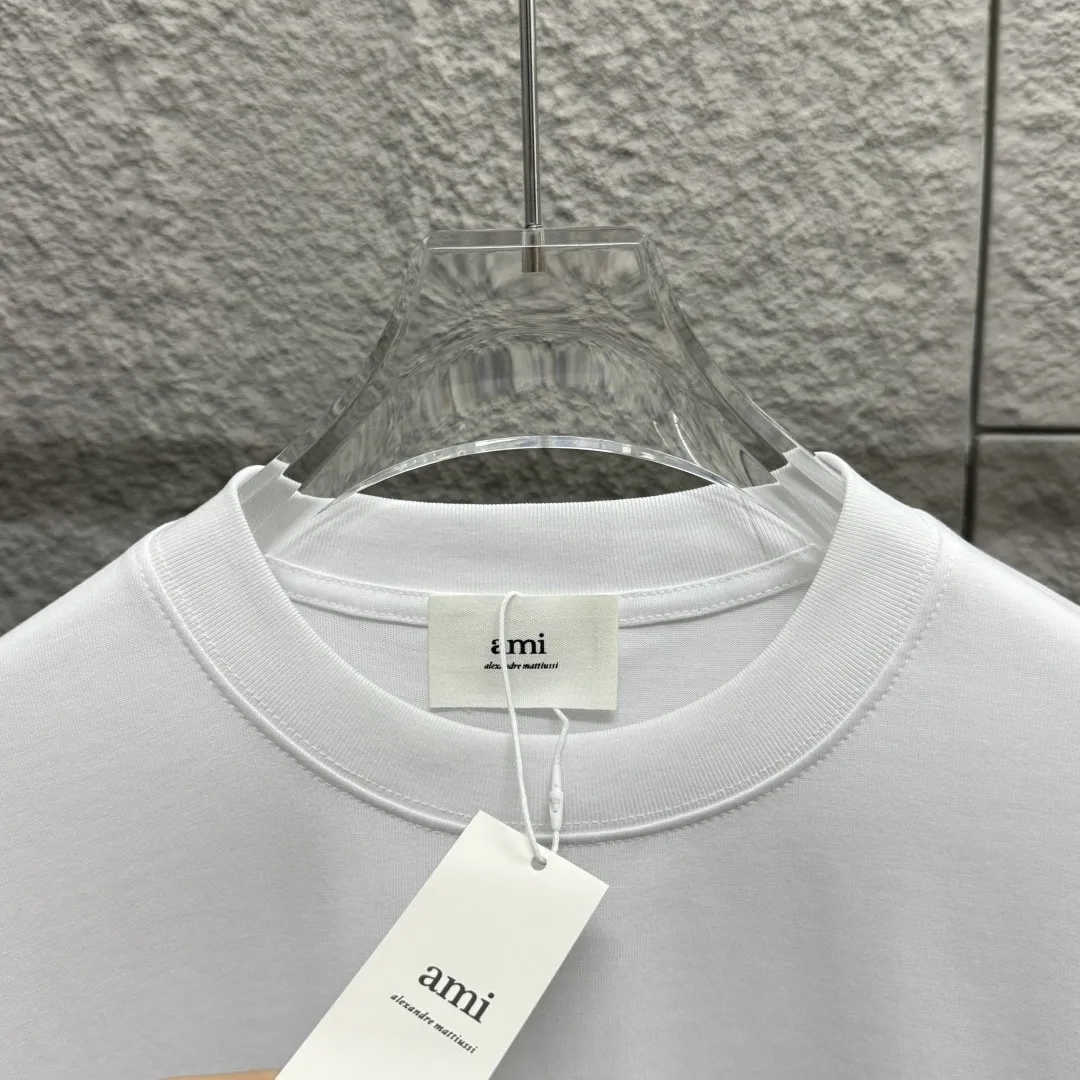 🅿️180 Ami* Love Embroidery 2025 Spring and Summer New Love Tower A embroidered letter pattern Customized double yarn plain cotton fabric Short-sleeved T-shirt Uniform for men and women Color: White Angora Red Black Size: S (90-130 catties) M (120-150 catties) L (140-165 catties) XL (160-180 catties) XXL (180-210 pounds)