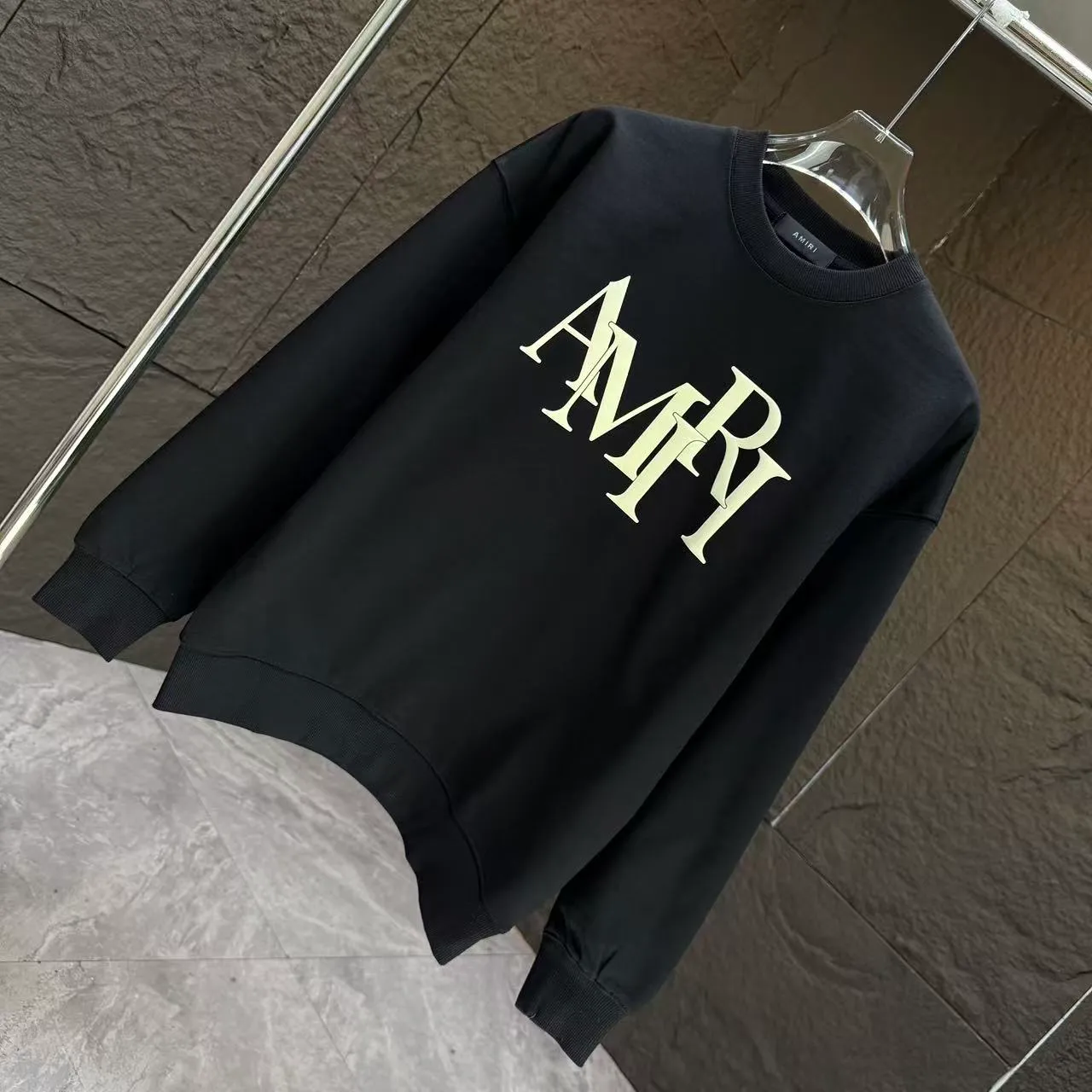 P200 AMIRI* 2025 autumn and winter new round neck sweatshirt 400g terry cotton letter logo three-dimensional foam Color: Black White Gray Purple Size: S M L XL XXL