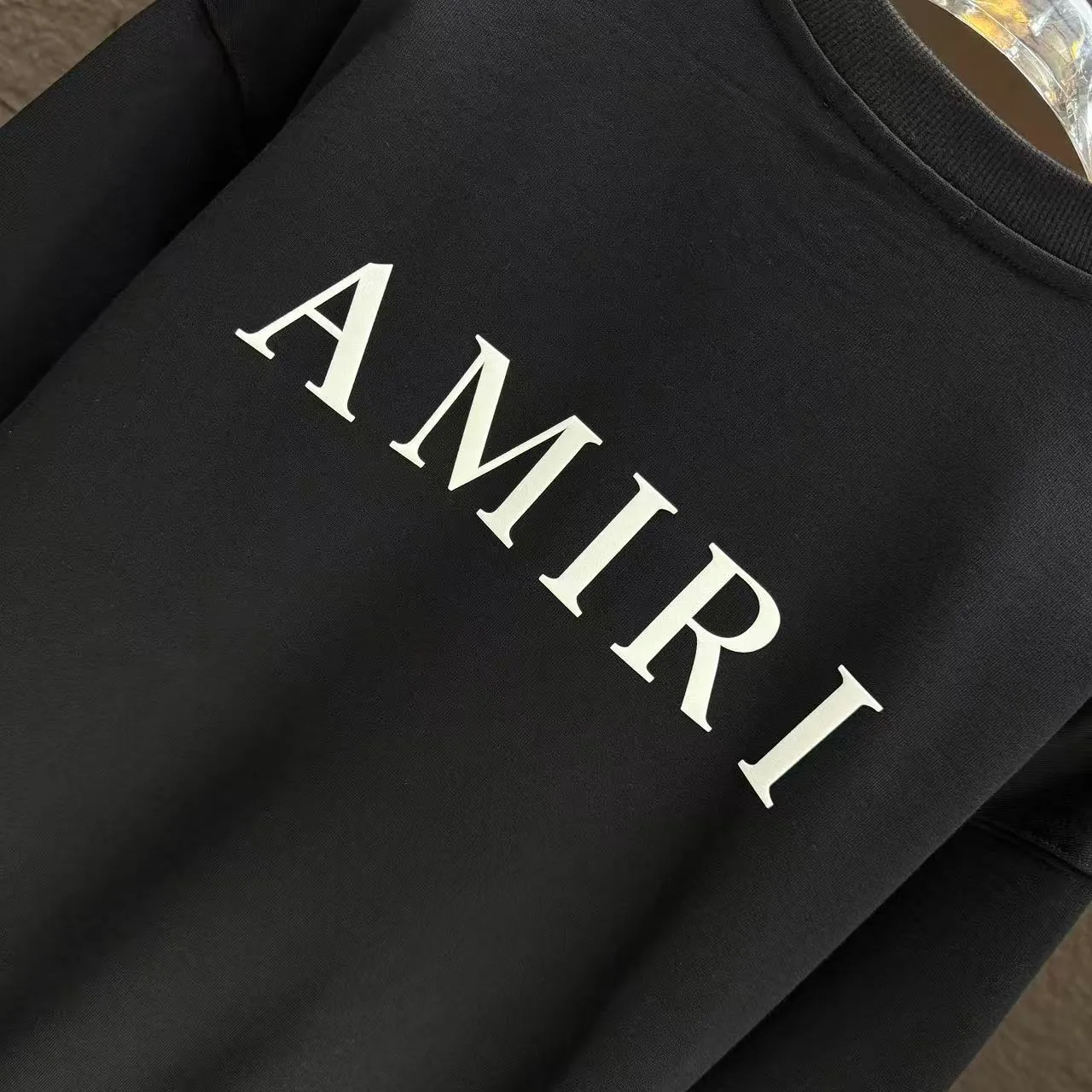 P210 AMIRI* 2025 autumn and winter new round neck sweatshirt 400g terry cotton letter logo three-dimensional foam Color: Black White Gray Dark Blue Size: S M L XL XXL