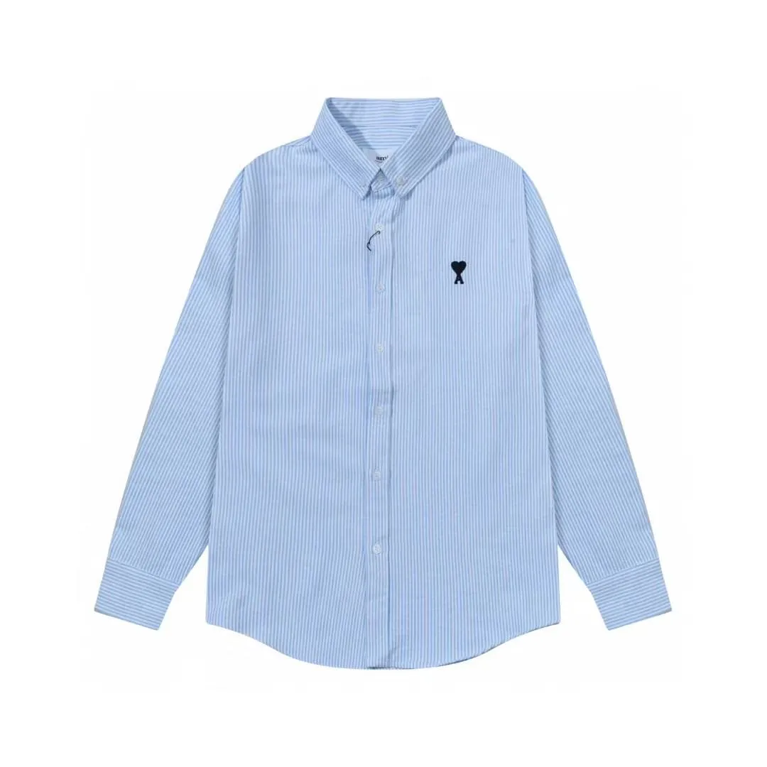 2218# AMI Paris 2025 Autumn and Winter Black classic small love embroidery on the chest Casual cotton striped long-sleeved Oxford shirt Original custom-made 180g pure cotton fabric Regular version Same style for men and women Color: Black and white Blue and white Size: S-XL