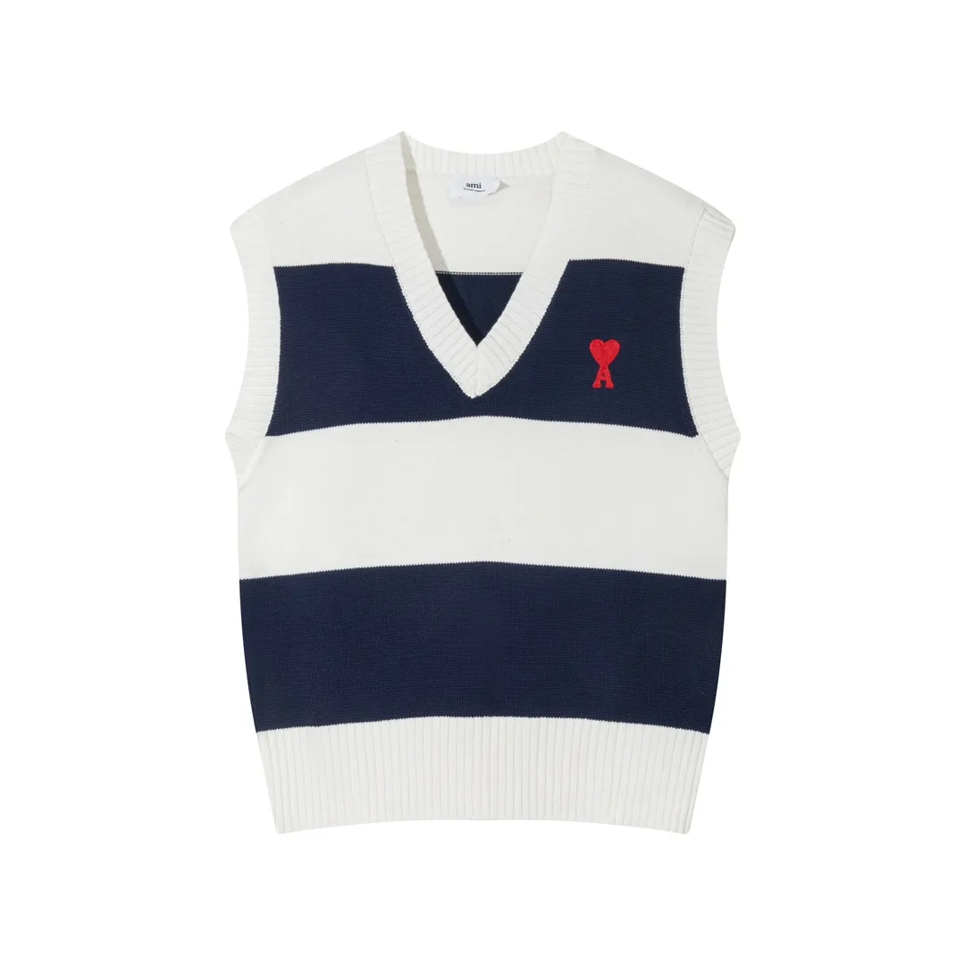 A088# AMI Paris2023 new sleeveless striped sweater vest vest with small love heart towel embroidery on the chest. Carefully woven with cotton and wool blended yarn. Same style for men and women. Color: black and white, blue and white. Size: S-XL.