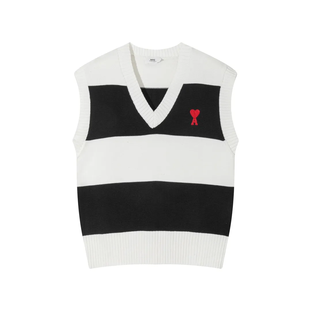 A088# AMI Paris2023 new sleeveless striped sweater vest vest with small love heart towel embroidery on the chest. Carefully woven with cotton and wool blended yarn. Same style for men and women. Color: black and white, blue and white. Size: S-XL.