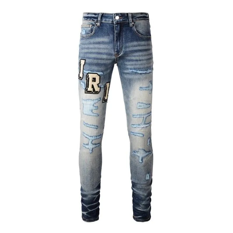 P220 💰 AMIRI patch embroidery jeans trousers AMIRI high street basic ripped tight elastic jeans trousers amiri brand jeans break the production process and cutting of the original jeans, the fabrics are softer and more comfortable Hand-sewn collar label Customized logo buttons Genuine leather tag Color: Picture color Size: 30-32-34-36