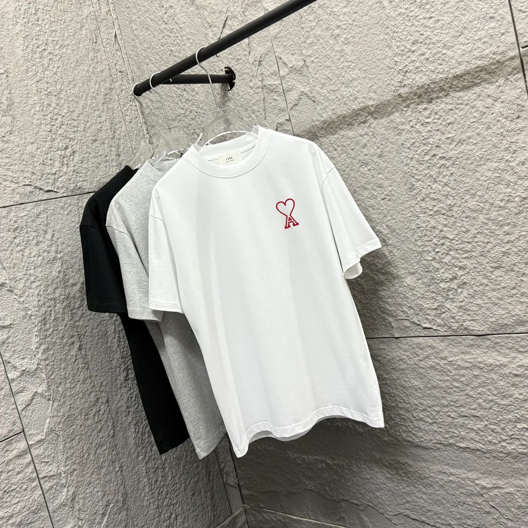 🅿️180 Ami* love embroidery 2025 spring and summer new style Hollow love A embroidered with personalized letters Customized double yarn plain cotton fabric Short-sleeved T-shirt Same style for men and women Color: white floral gray black Size: S (90-130 pounds) M (120-150 pounds) L (140-165 pounds) XL (160-180 pounds) XXL (180-210 pounds)
