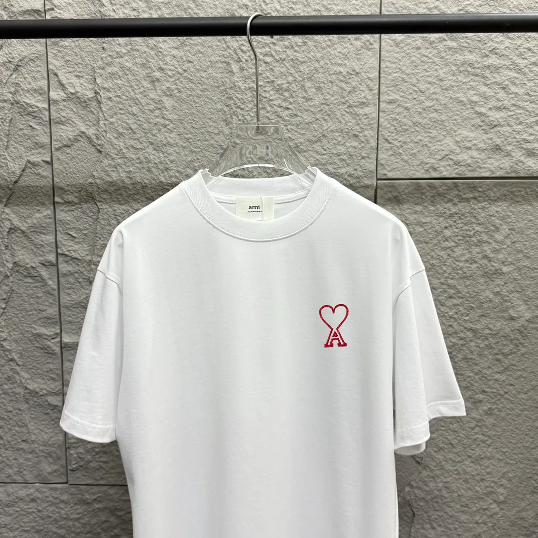 🅿️180 Ami* love embroidery 2025 spring and summer new style Hollow love A embroidered with personalized letters Customized double yarn plain cotton fabric Short-sleeved T-shirt Same style for men and women Color: white floral gray black Size: S (90-130 pounds) M (120-150 pounds) L (140-165 pounds) XL (160-180 pounds) XXL (180-210 pounds)
