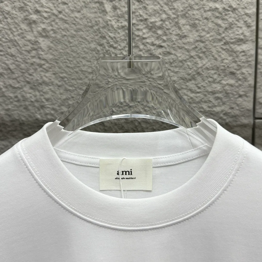 🅿️180 Ami* love embroidery 2025 spring and summer new style Hollow love A embroidered with personalized letters Customized double yarn plain cotton fabric Short-sleeved T-shirt Same style for men and women Color: white floral gray black Size: S (90-130 pounds) M (120-150 pounds) L (140-165 pounds) XL (160-180 pounds) XXL (180-210 pounds)