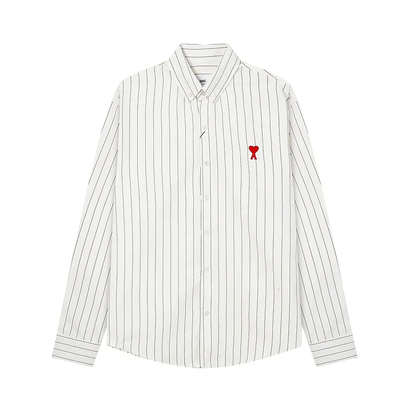 AMI Paris classic autumn red love heart embroidered on the chest, casual cotton large striped long-sleeved Oxford shirt, original custom-made 180g pure cotton fabric, loose off-shoulder version, same style for men and women, color: black and white, blue and white, size: S-XL