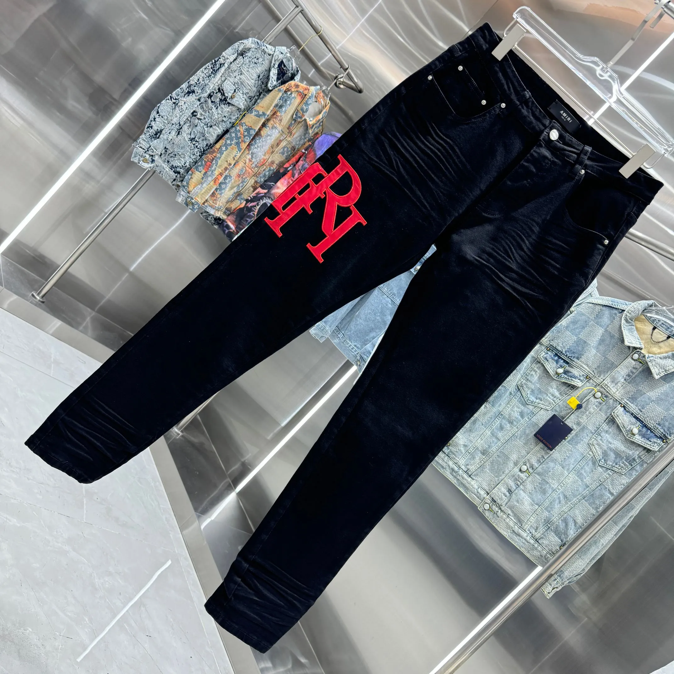 P290 Amiri letter embroidered street fashion slim fit stretch jeans Color Black Size 30 32 34 36 38