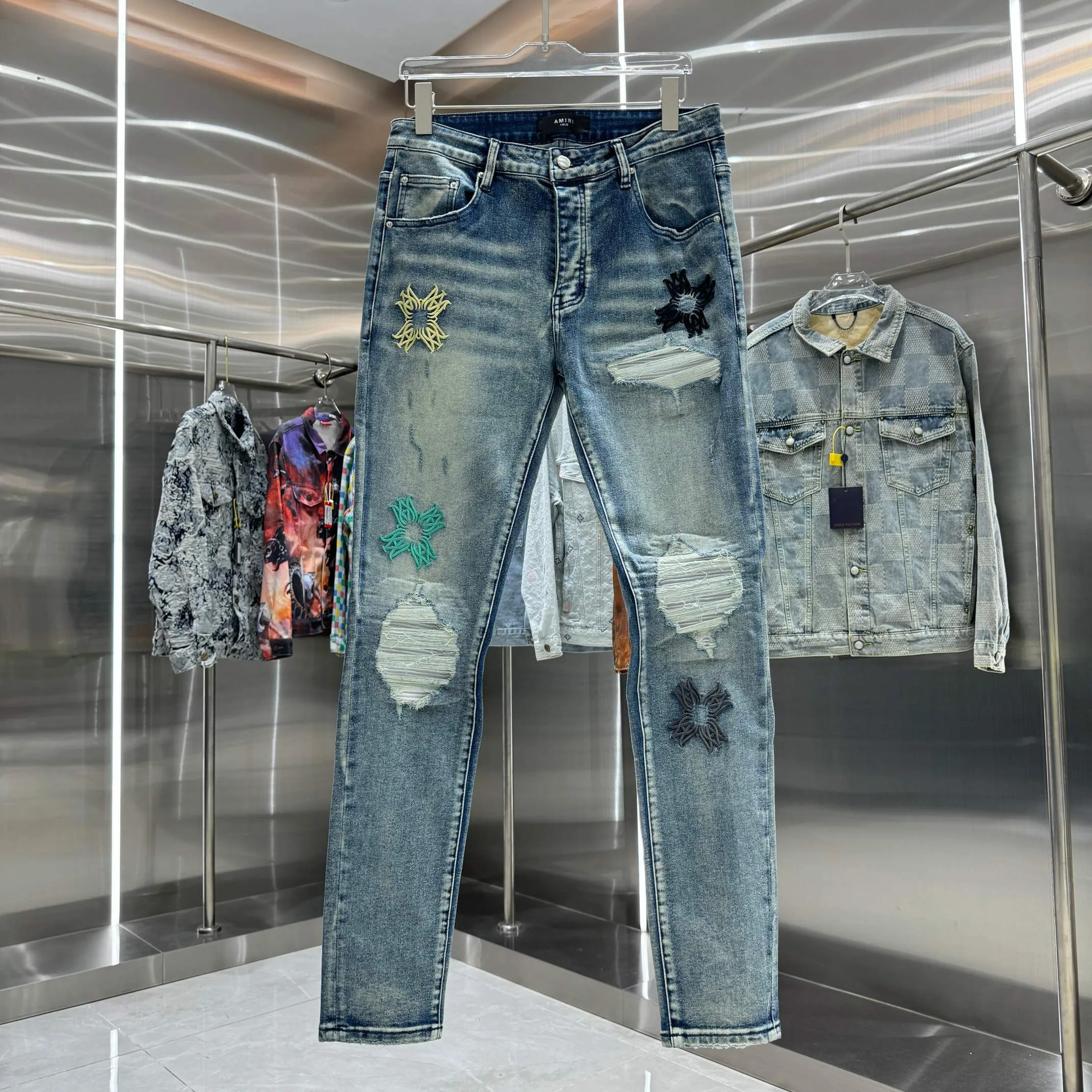 P280 Amiri ripped embroidery pattern craft street fashion slim fit stretch jeans color blue size 30 32 34 36 38