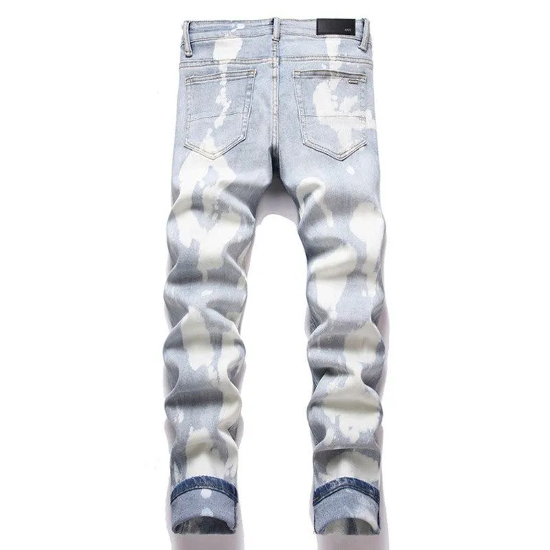 #M91 P168💰 AMIRI patch embroidery jeans trousers AMIRI high street basic ripped tight elastic jeans trousers amiri brand jeans break the production process and cutting of the original jeans, the fabrics are softer and more comfortable Hand-sewn collar label Customized logo buttons Genuine leather tag Color: Picture color Size: 30-32-34-36