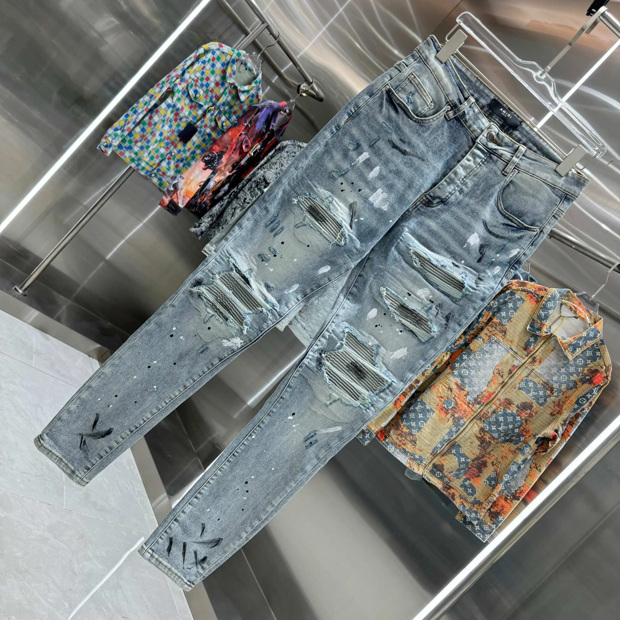 P280 Amiri ripped graffiti craft street fashion slim fit stretch jeans Color Blue Size 30 32 34 36 38
