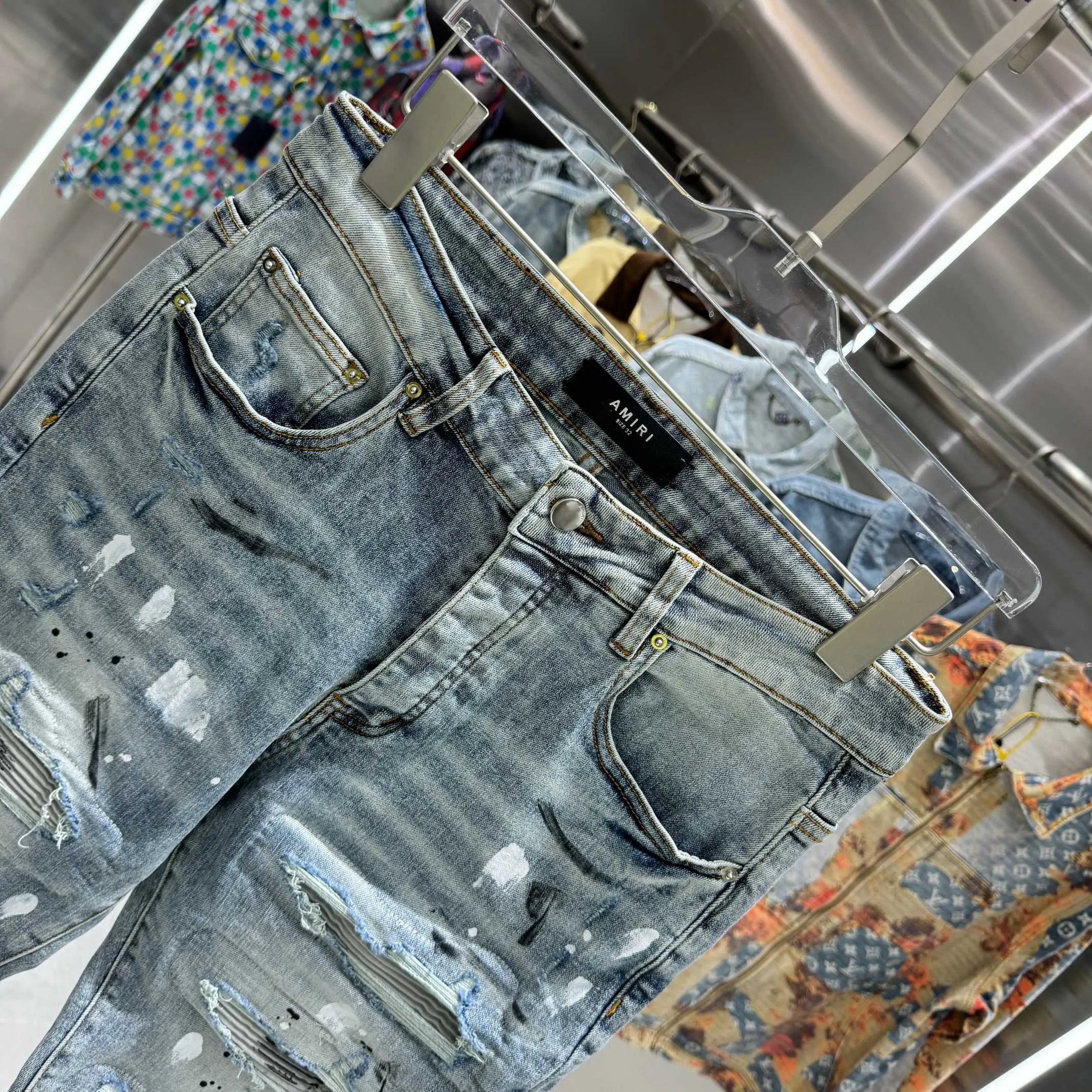 P280 Amiri ripped graffiti craft street fashion slim fit stretch jeans Color Blue Size 30 32 34 36 38