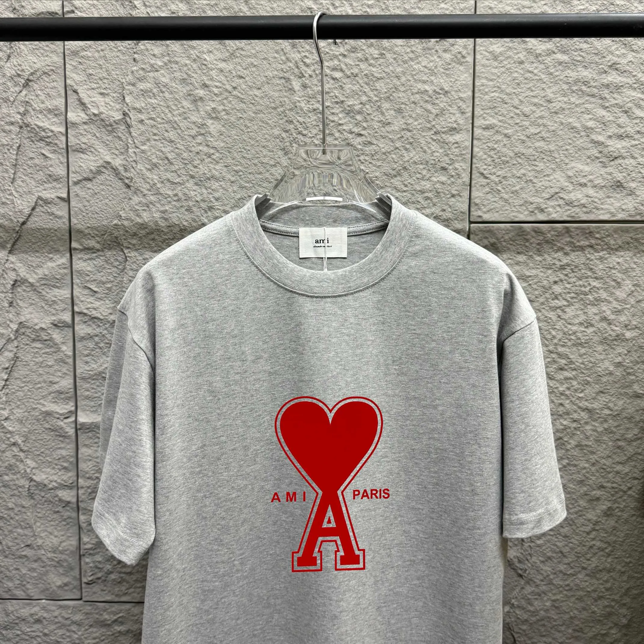 🅿️180 Ami* 2025 spring and summer new style Ami love letter red flocking Customized double yarn plain cotton fabric Short-sleeved T-shirt Uniform for men and women Color: black white floral gray Size: S (90-130 pounds) M (120-150 pounds) L (140-165 pounds) XL (160-180 pounds) XXL (180-210 pounds)
