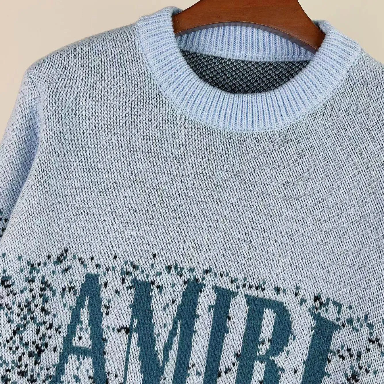 P250 🎉AMIRI new autumn and winter sweater classic logo jacquard on the front Color: Black Sky Blue Grass Green Size: S M L XL XXL