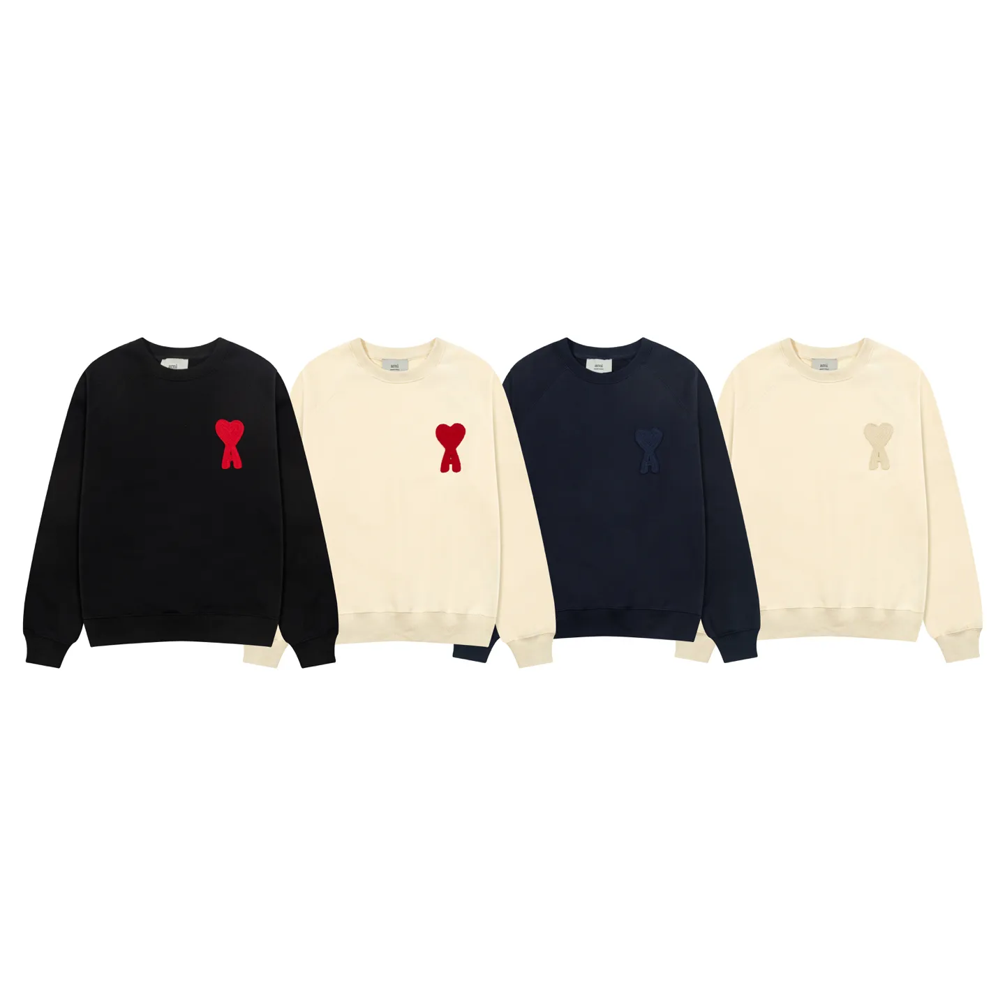 665# AMI PARIS 25 autumn and winter new classic woven big love towel embroidered raglan round neck pullover sweatshirt Customized 360g pure cotton fabric YP replica New main wheat Washable wheat QR code can be scanned Same style for men and women Color: black Baolan apricot/red heart Size: S-XL