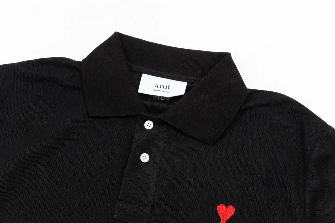 116# AMI Paris spring and summer reverse collar classic love embroidered letter A heart pure cotton men's and women's polo shirt short sleeve Color: black white sky orchid gray khaki color orchid Baolan military green dark green purple gray green light purple Code number: S-XL