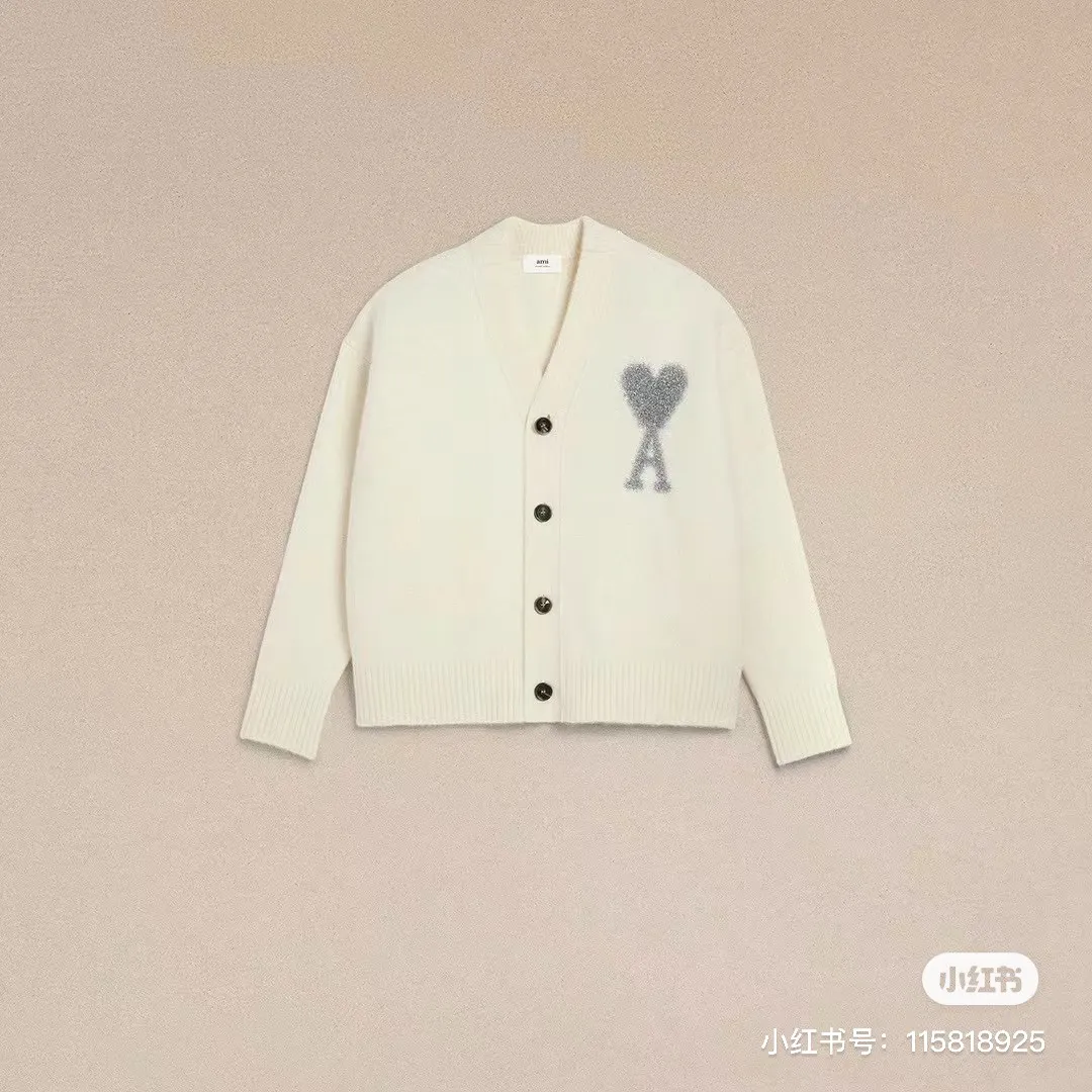 A8148# [Christmas Capsule Series] AMI Paris 2023 autumn and winter new silver big heart alpaca blend soft and waxy cardigan knitted sweater Oversize version for men and women Color: off-white Size: S-XL
