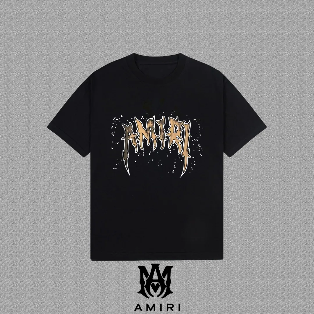 P140 [AMIRI] 2025FW short-sleeved T-shirt LOGO printing, high-end 26s double yarn 300g fabric, heavy fabric, custom stretcher rib, same vat and dye, complete three standards, same style for men and women, color: black, white, gray, size: S M L XL 2XL