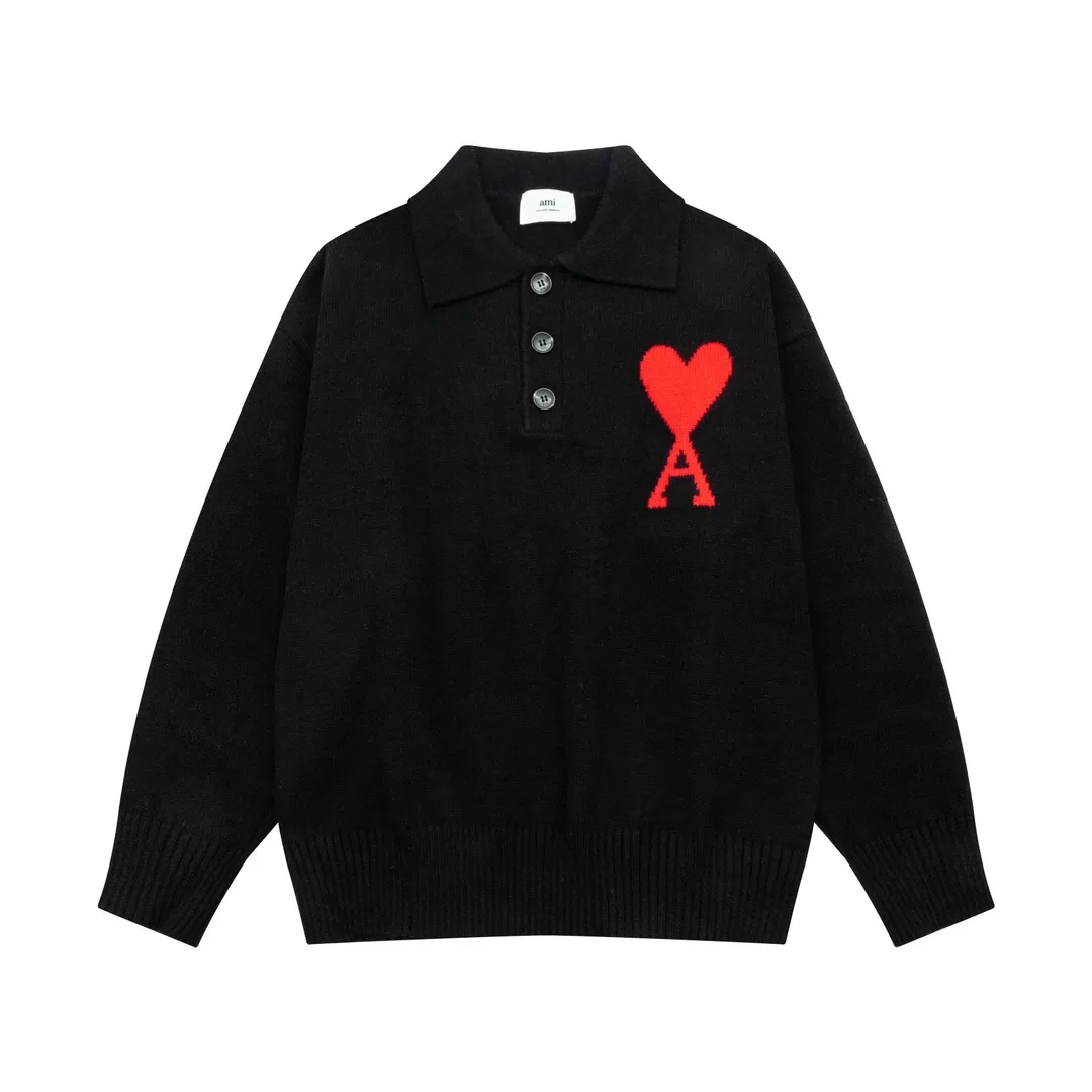 8162# Ami Paris 2024 autumn and winter new big love jacquard wool Ami De Coeur polo collar pullover sweater, same style for men and women, Oversize version, color: black, white, gray, yellow, green, size S-XL