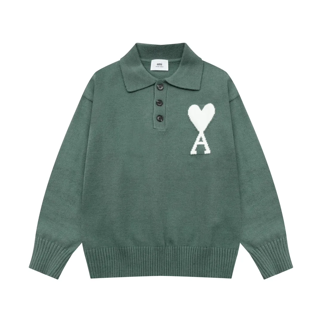 8162# Ami Paris 2024 autumn and winter new big love jacquard wool Ami De Coeur polo collar pullover sweater, same style for men and women, Oversize version, color: black, white, gray, yellow, green, size S-XL