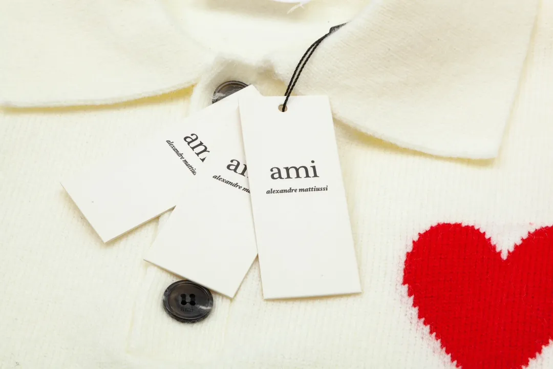 8162# Ami Paris 2024 autumn and winter new big love jacquard wool Ami De Coeur polo collar pullover sweater, same style for men and women, Oversize version, color: black, white, gray, yellow, green, size S-XL