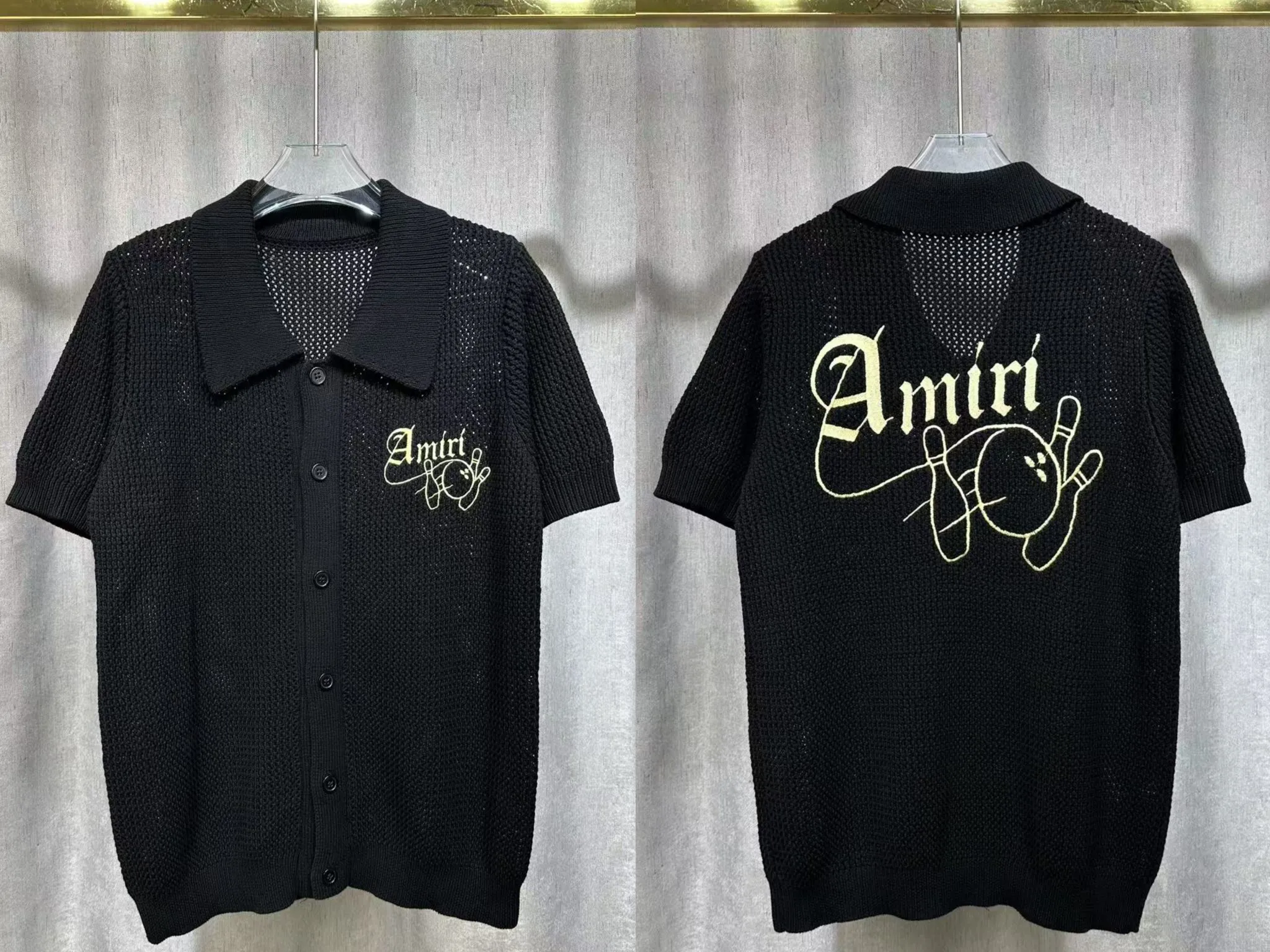 P270 🎉2025 AMIRI new summer sweater fabric POLO collar cardigan short sleeves, front and back bowling balls 🎳 pattern embroidery 🈵 body hollow heavy craftsmanship Color: White Black Size: S M L XL XXL