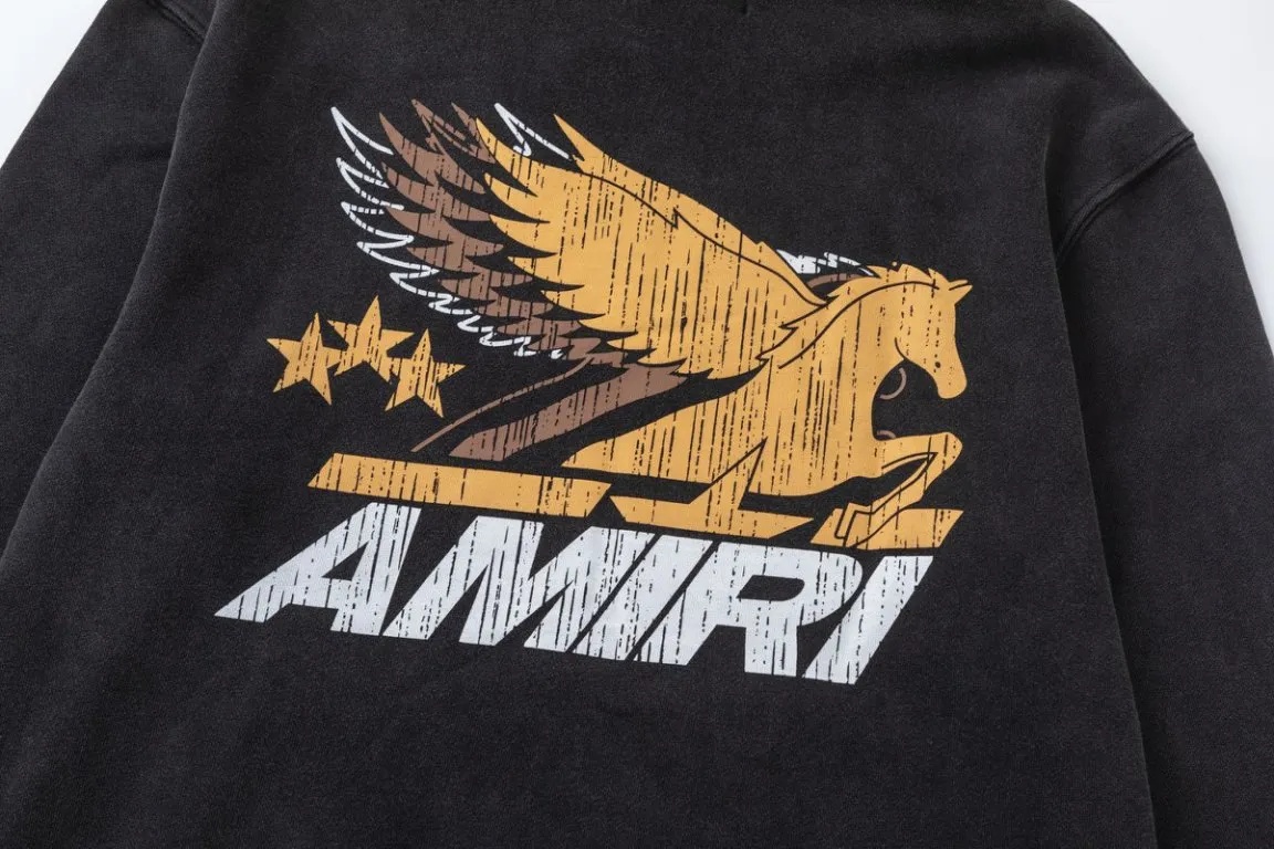 P330 7190#AMIRI Pegasus LOGO, 480g fabric with distressed hole craftsmanship, color: black, size: S M L XL