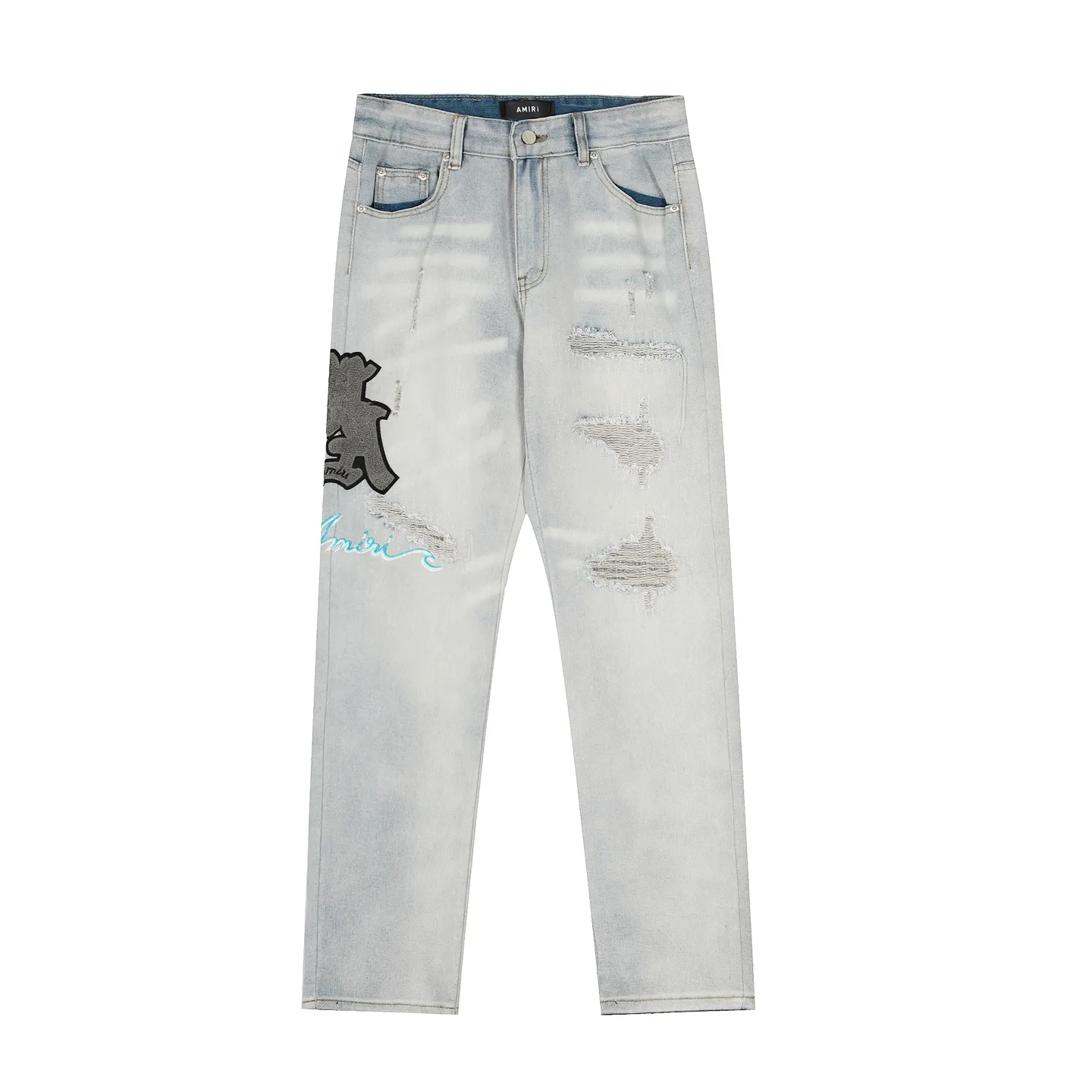 #M56 P168💰 AMIRI patch embroidery jeans trousers AMIRI high street basic ripped tight elastic jeans trousers amiri brand jeans break the production process and cutting of the original jeans, the fabrics are softer and more comfortable Hand-sewn collar label Customized logo buttons Genuine leather tag Color: Picture color Size: 30-32-34-36