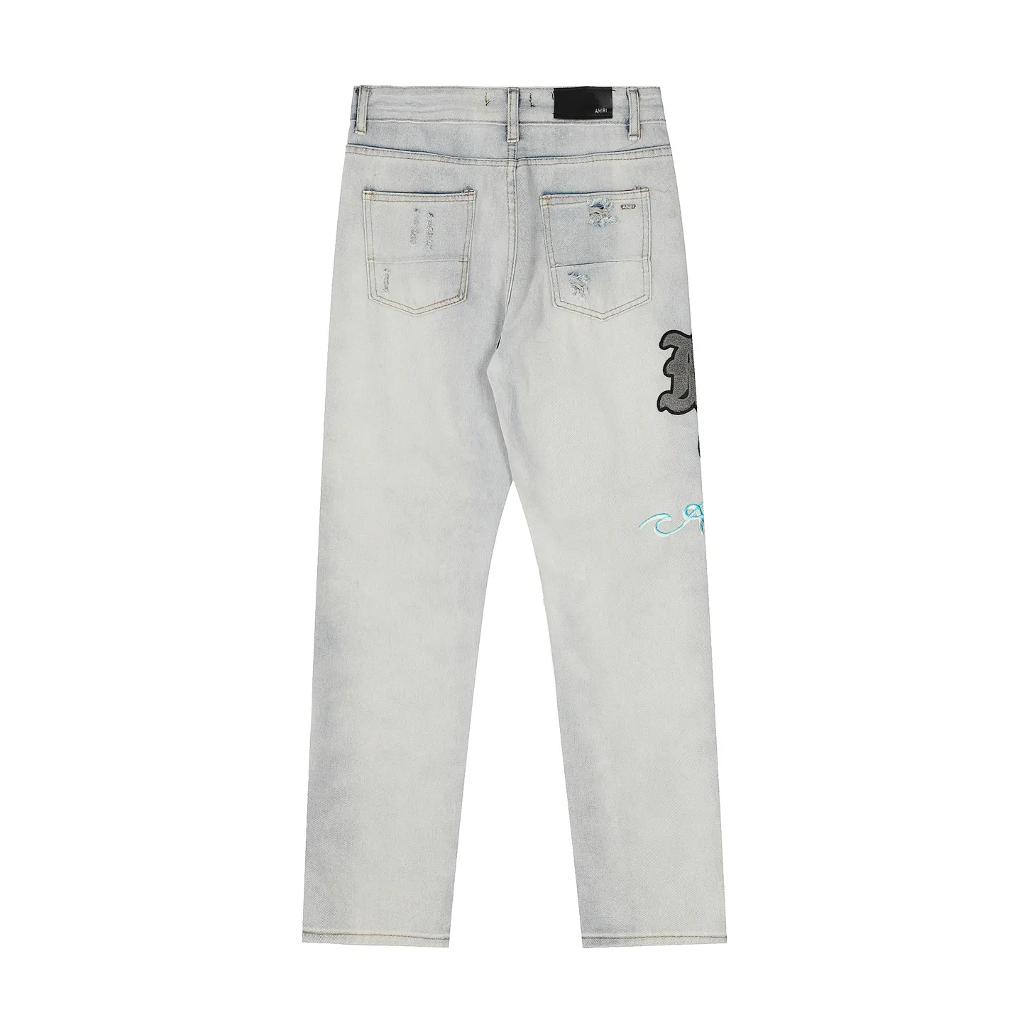 #M56 P168💰 AMIRI patch embroidery jeans trousers AMIRI high street basic ripped tight elastic jeans trousers amiri brand jeans break the production process and cutting of the original jeans, the fabrics are softer and more comfortable Hand-sewn collar label Customized logo buttons Genuine leather tag Color: Picture color Size: 30-32-34-36