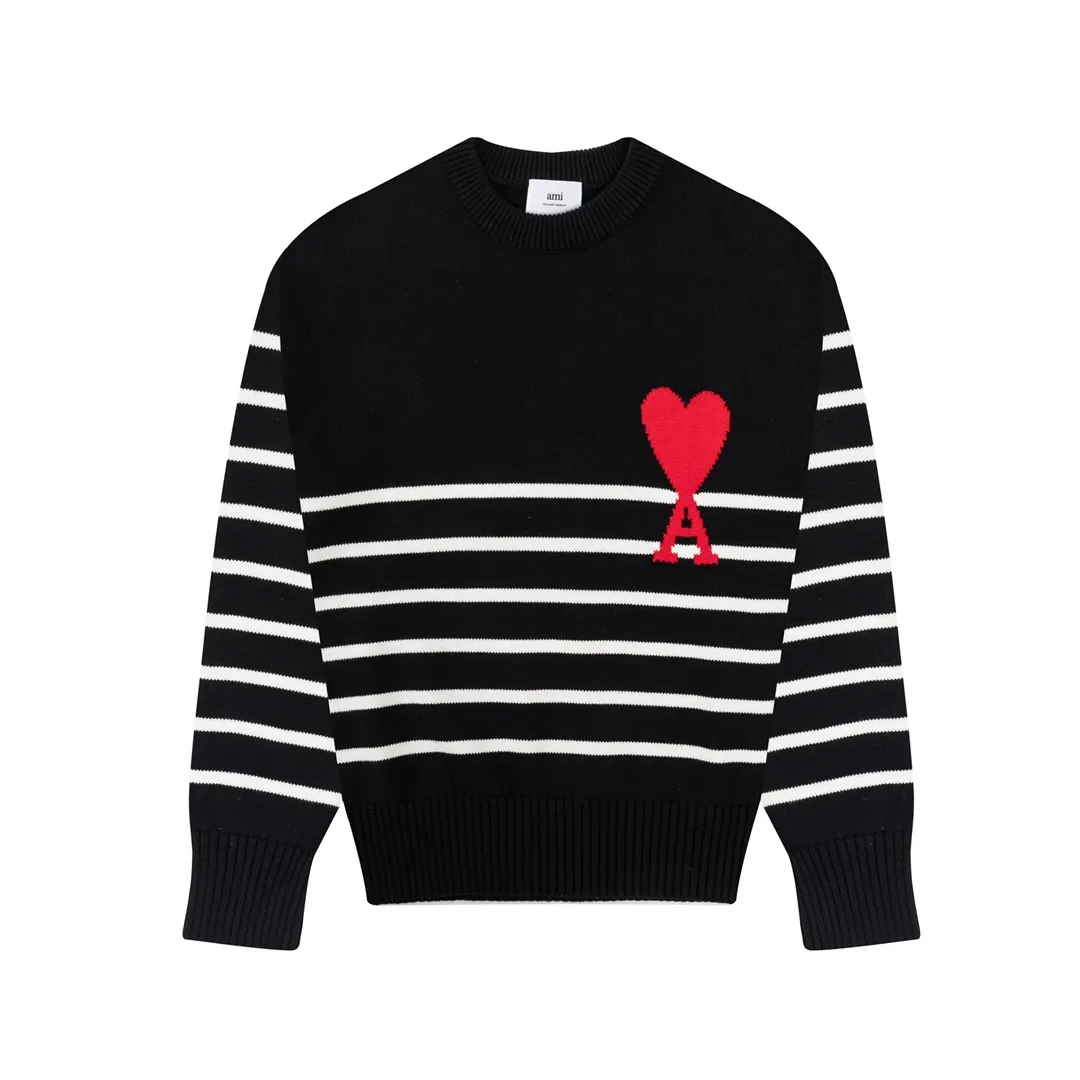 CYA33# AMI Paris 22 spring and summer new Ami de Coeur love striped crew neck sweater Color: black white Size: S-XL