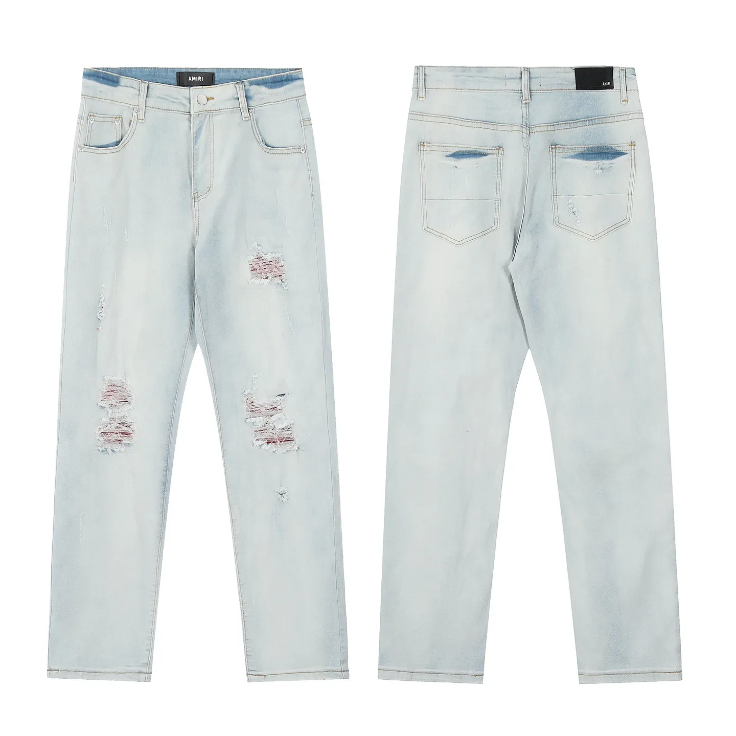 ￼#M16 P168💰 AMIRI patch embroidery jeans trousers AMIRI high street basic ripped tight elastic jeans trousers amiri brand jeans break the production process and cutting of the original jeans, the fabrics are softer and more comfortable Hand-sewn collar label Customized logo buttons Genuine leather tag Color: Picture color Size: 30-32-34-36