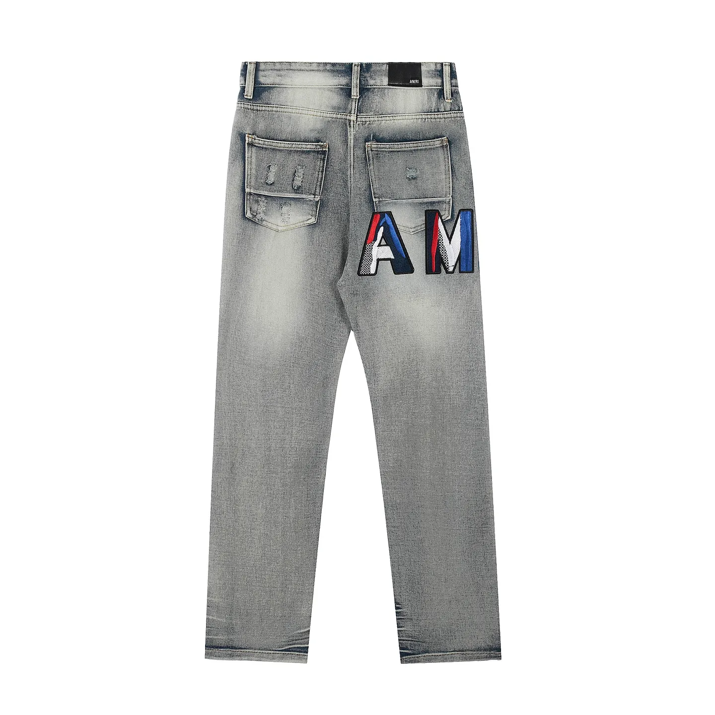 #M30 P168💰 Amiri classic embroidered patched leather ripped letter skinny jeans. Slim skinny jeans. Produced by a major washed factory. Full of high-end feel. Knee part destroyed design with patchwork design. Already used as facade design. Leather waist nameplate. The focus of this style is not on washing, but on the destroyed shape and version. The secret lies in the craftsmanship of the master. The cost of post-processing, grinding, cutting, etc. is far beyond the cost of assembly line products. Color: Picture color Size: 30-32-34-36
