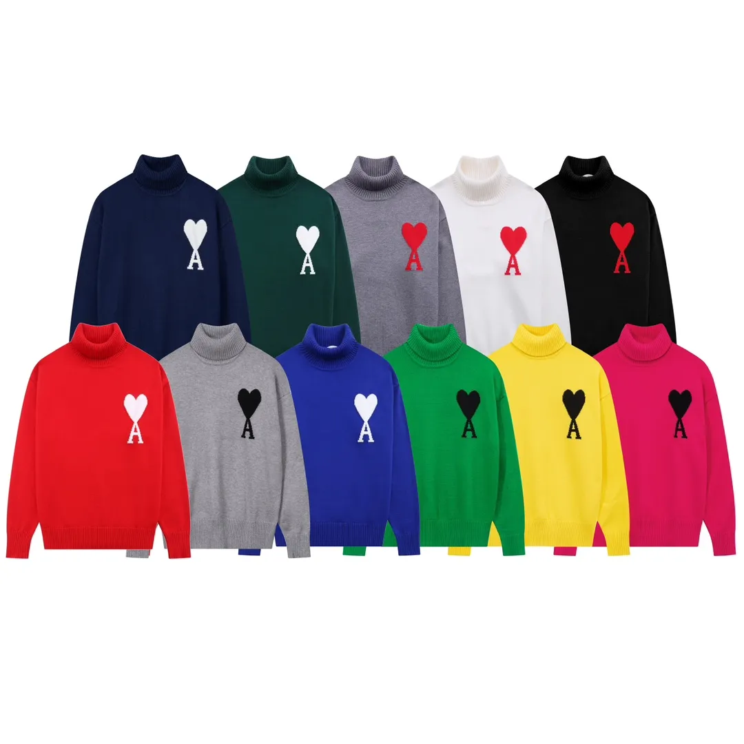 A12B#Ami Paris 2021Ami de Coeur white love love jacquard embroidered wool sweater Love A turtleneck Oversize version design Same style for men and women Color: blue dark green red red grass green yellow black white gray gray black royal blue Size: S-XL