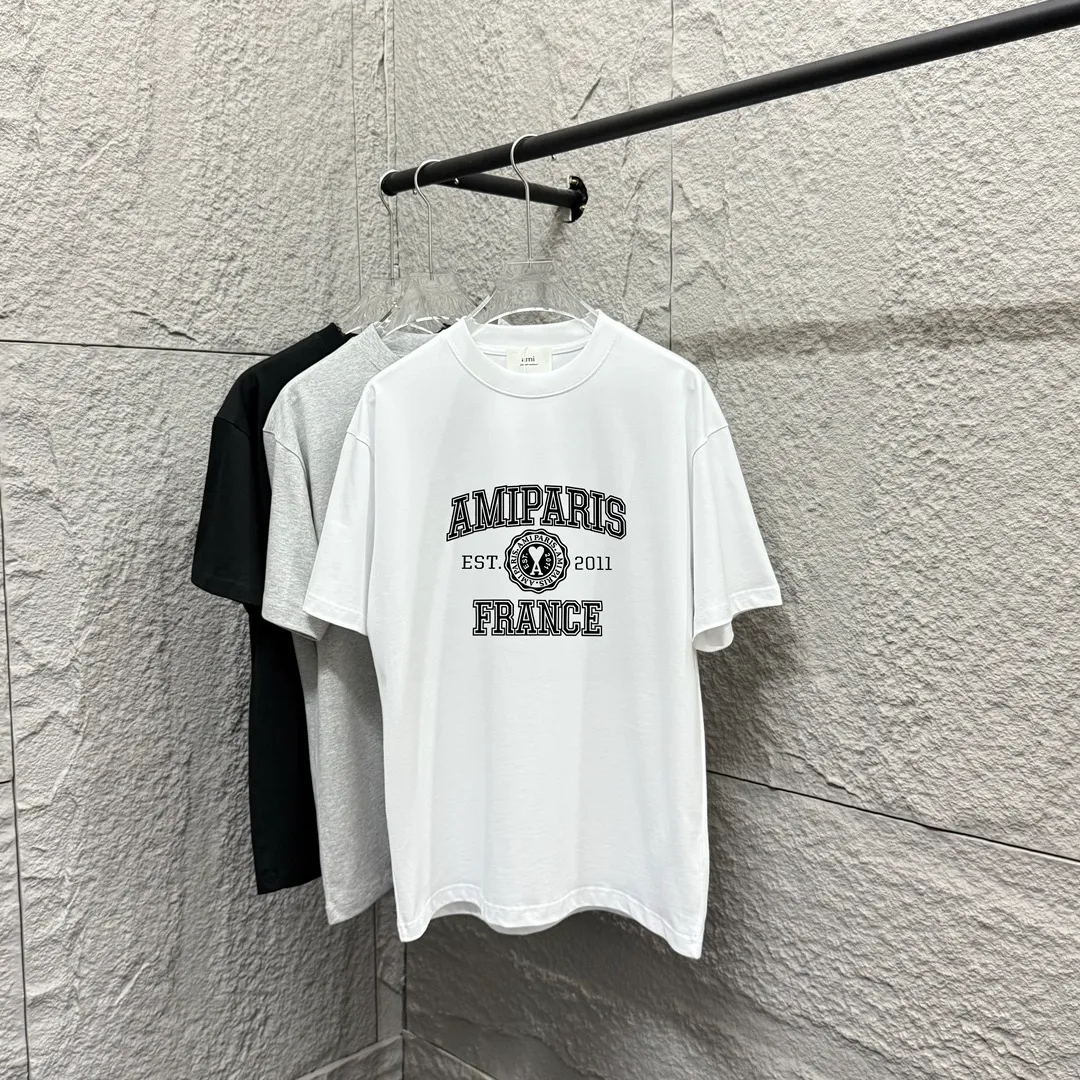 🅿️180 Ami* 2025 spring and summer new style Ami letter flocking technology Customized double yarn plain cotton fabric Short-sleeved T-shirt Uniform for men and women Color: black white floral gray Size: S (90-130 catties) M (120-150 catties) L (140-165 catties) XL (160-180 catties) XXL (180-210 pounds)