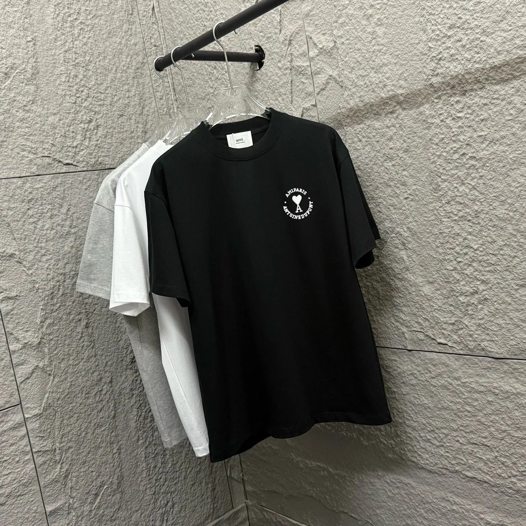 🅿️180 Ami* 2025 Spring and Summer New Style Embroidered Circle Little Love Customized Double Yarn Plain Cotton Fabric Short Sleeve T-shirt Uniform for Men and Women Color: Black White Size: S (90-130kg) M (120-150kg) L (140-165kg) XL (160-180kg) XXL (180-210kg)