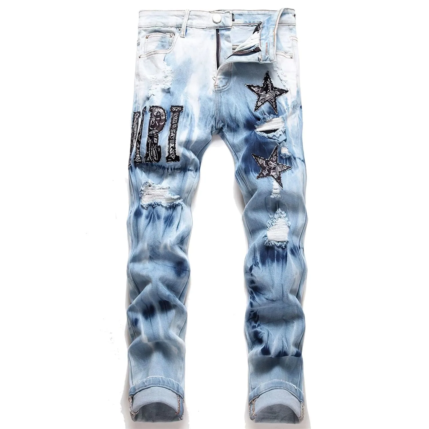 #M80 P168💰 AMIRI patch embroidery jeans trousers AMIRI high street basic ripped tight elastic jeans trousers amiri brand jeans break the production process and cutting of the original jeans, the fabrics are softer and more comfortable Hand-sewn collar label Customized logo buttons Genuine leather tag Color: Picture color Size: 30-32-34-36