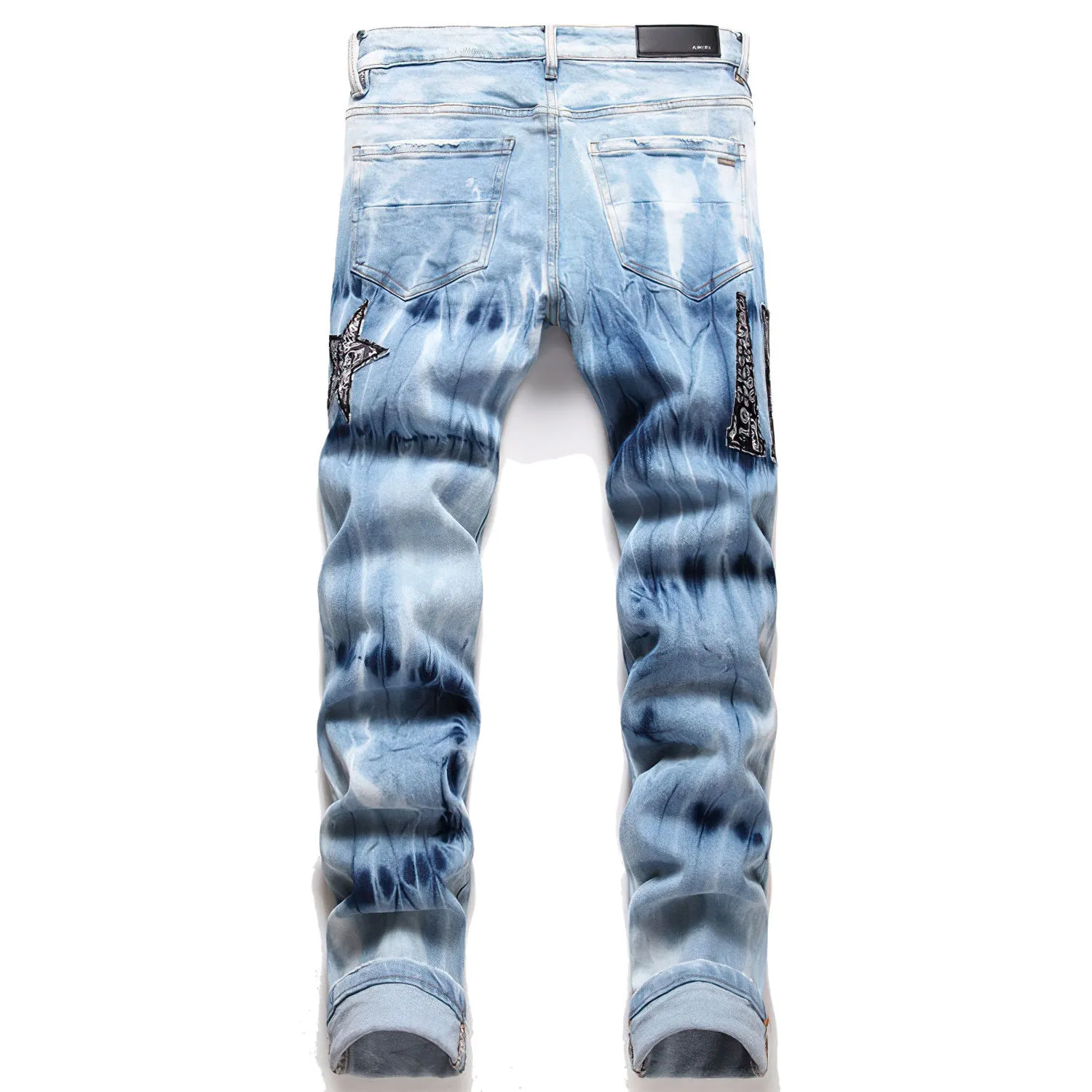 #M80 P168💰 AMIRI patch embroidery jeans trousers AMIRI high street basic ripped tight elastic jeans trousers amiri brand jeans break the production process and cutting of the original jeans, the fabrics are softer and more comfortable Hand-sewn collar label Customized logo buttons Genuine leather tag Color: Picture color Size: 30-32-34-36