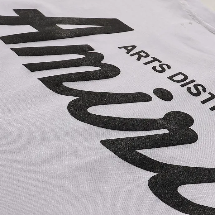 P114 Fabric: 260g double yarn, AMIRI 2025 new spring and summer new logo round neck T-shirt, high street, same style for men and women, loose classic letter foam short sleeves. Color: black. White Size: S M L XL