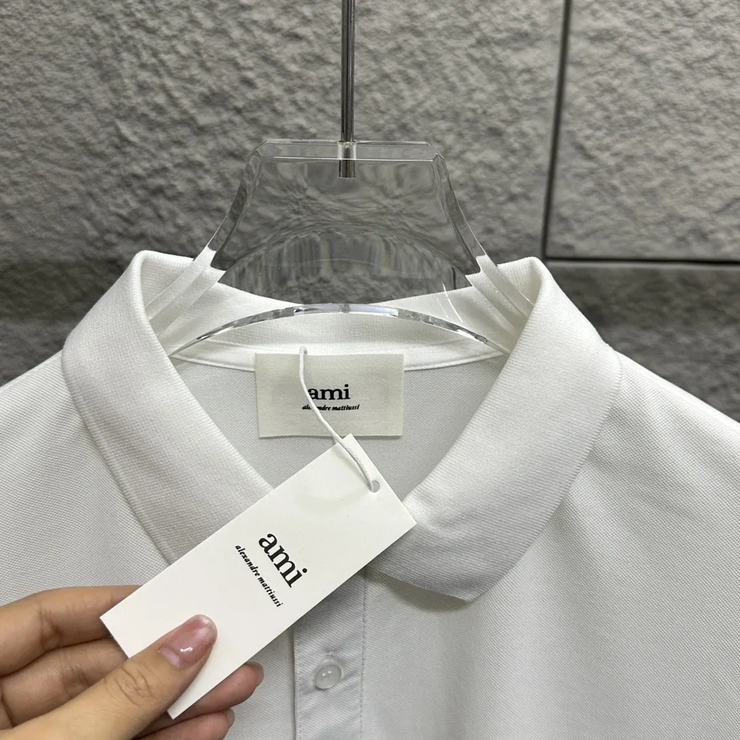 🅿️180 Ami* short-sleeved POLO 2025 spring and summer new style, simple logo small love embroidered pique fabric, short-sleeved polo stand-up collar, same style for men and women. Size: M L XL 2XL 3XL Color: black white