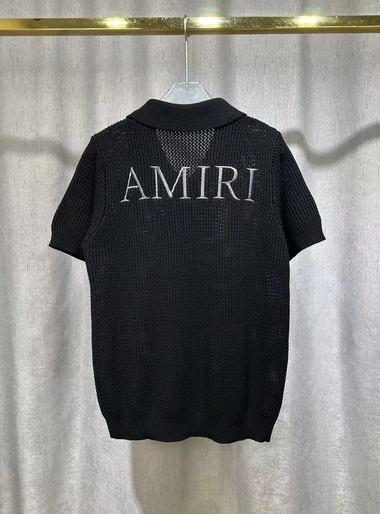 P260 2025 AMIRI new summer sweater fabric POLO collar cardigan short sleeves classic logo embroidery on the front and back 🈵hollow body heavy craftsmanship Color: Black Size: S M L XL XXL